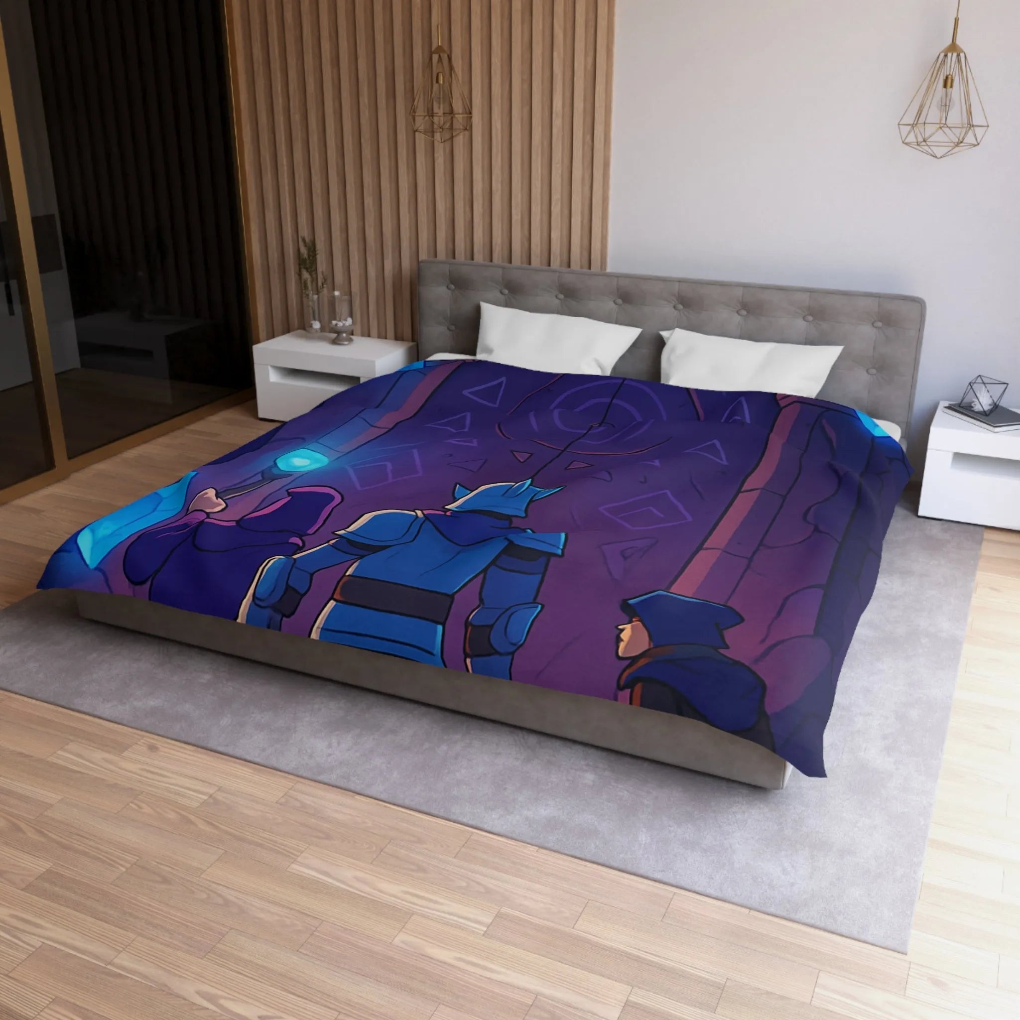 Housse de couette médiévale fantasy avec chevalier et magicien devant porte mystique