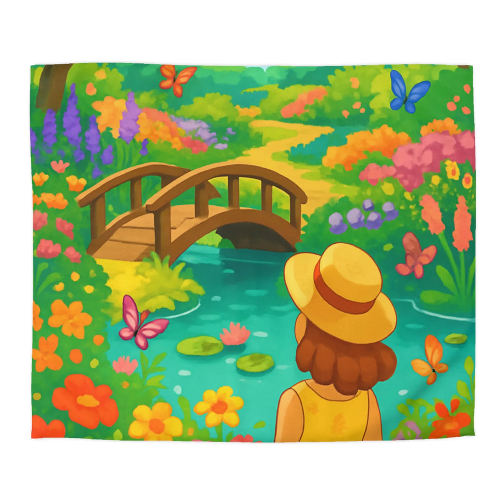 Housse de Couette Jardin Enchanté avec Pont et Papillons, Motif Vif et Coloré