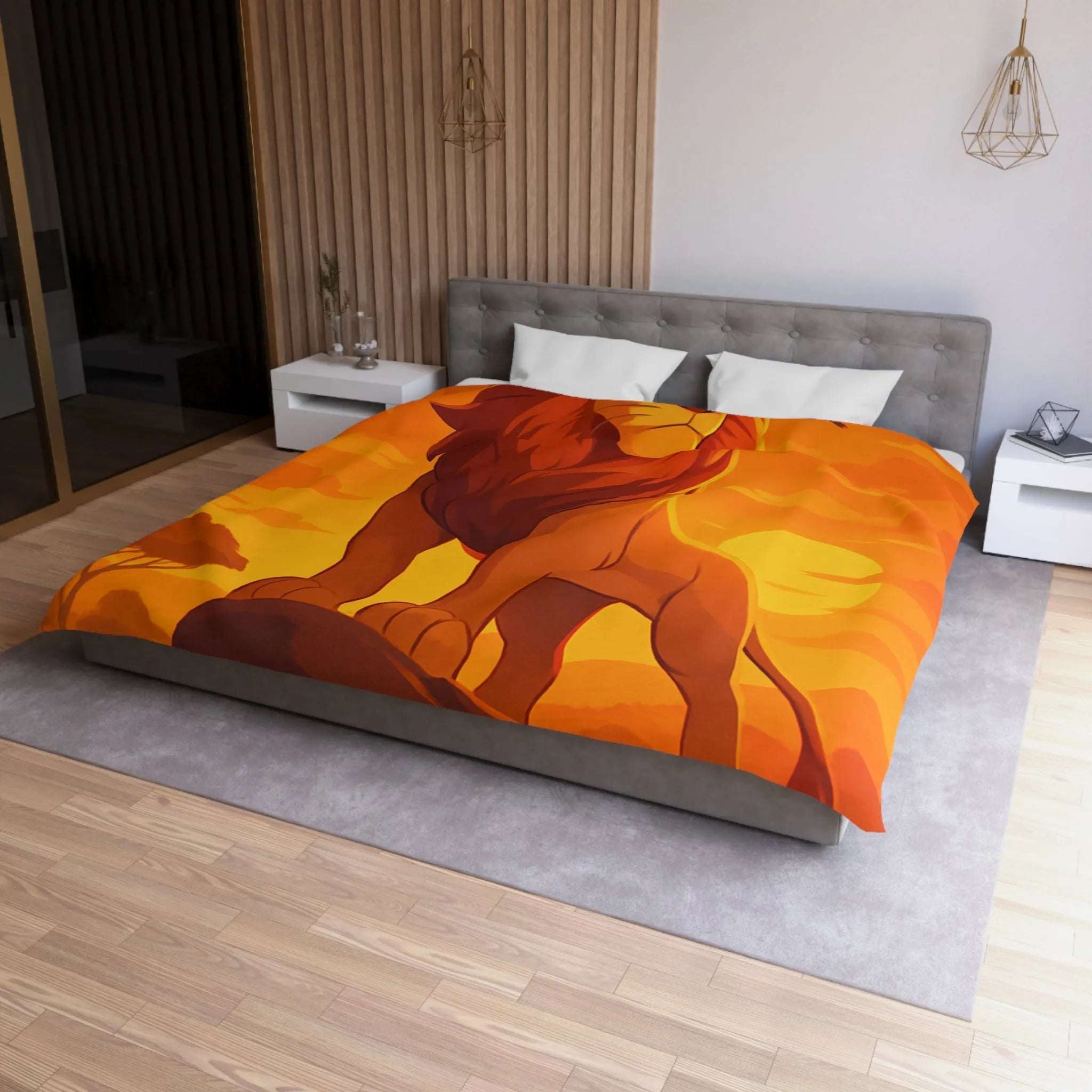 Housse de Couette Lion Majestueux au Coucher du Soleil pour Chambre Thématique Safari
