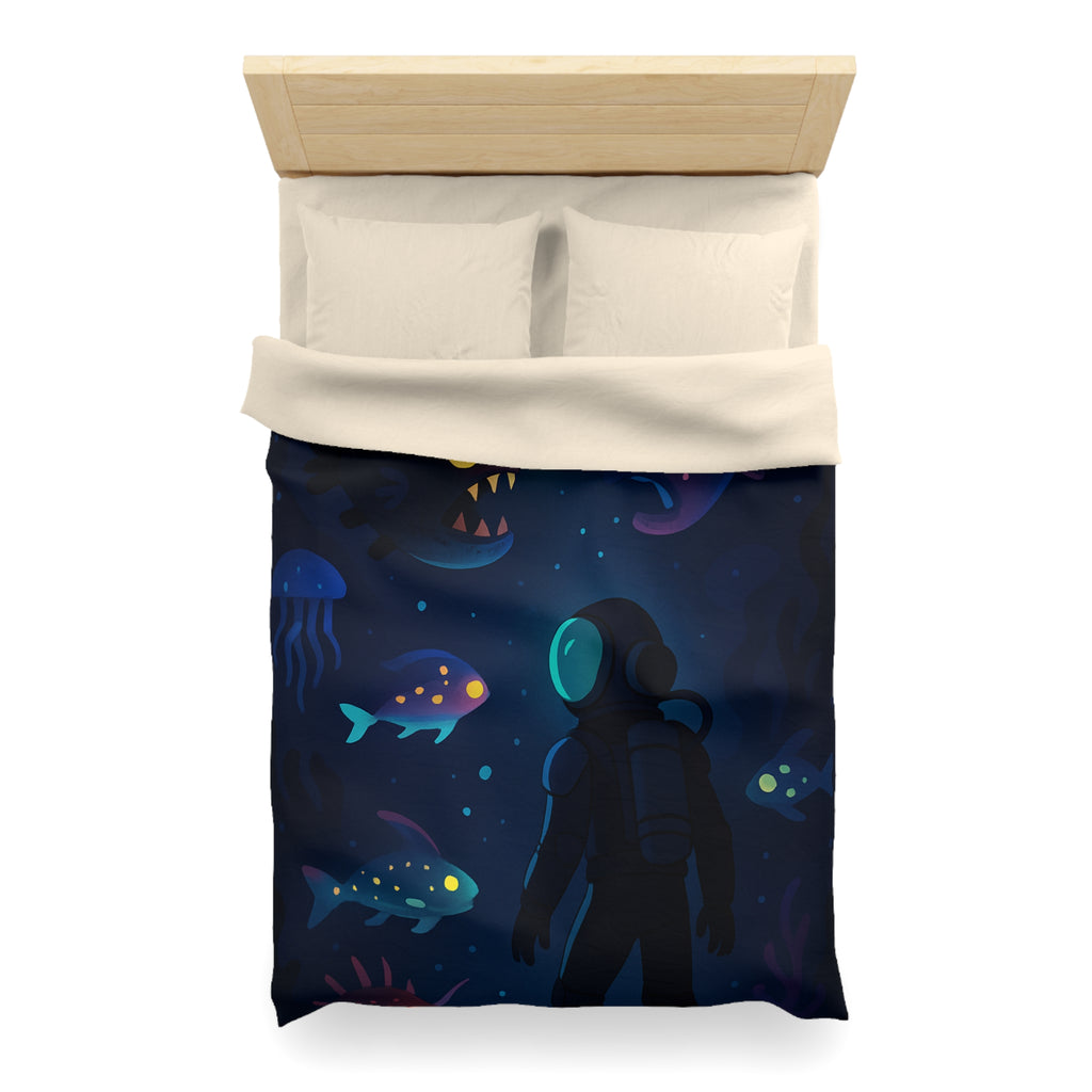 Housse de couette océanique avec plongeur et créatures marines lumineuses mystérieuses