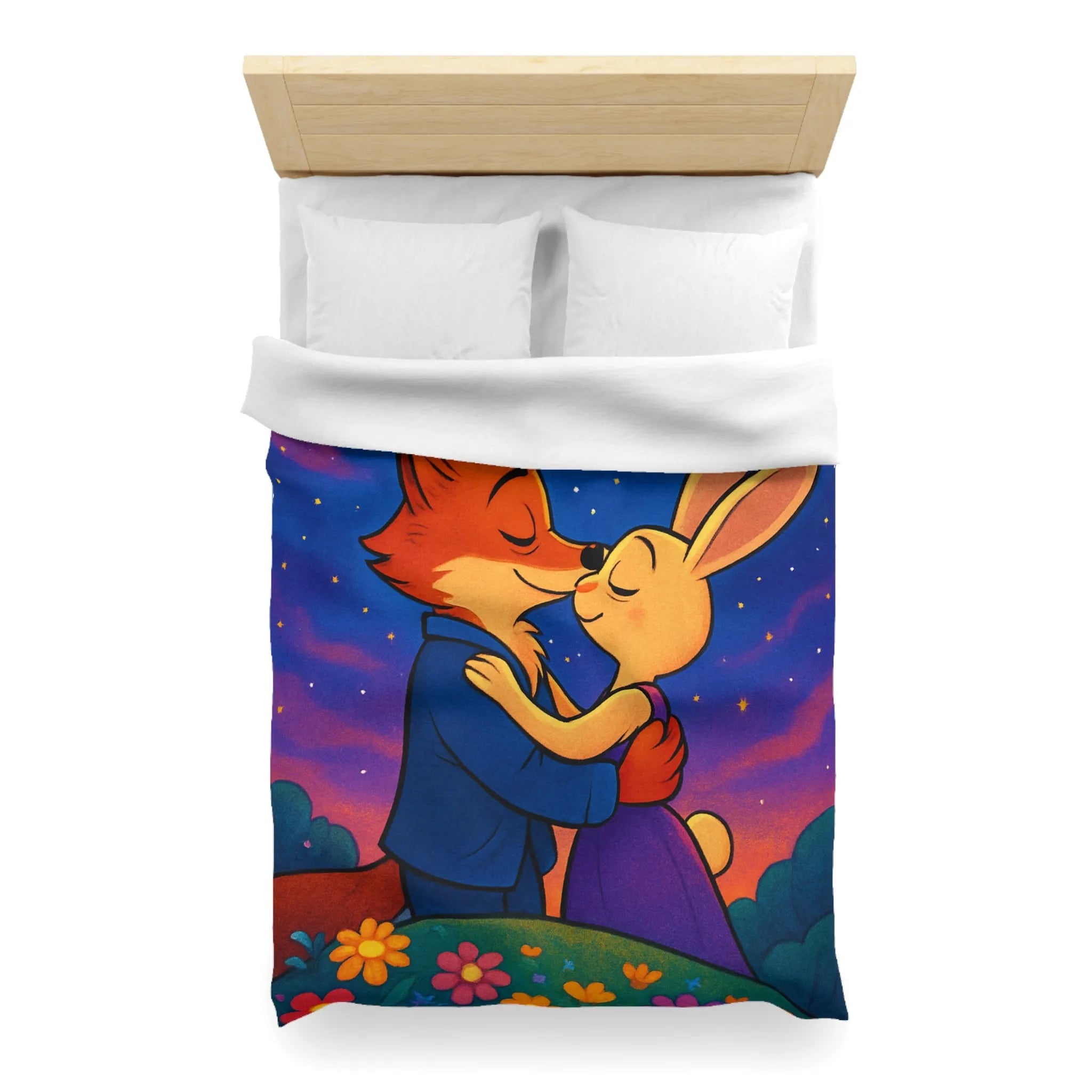 Housse de couette avec renard et lapin amoureux sous ciel étoilé romantique