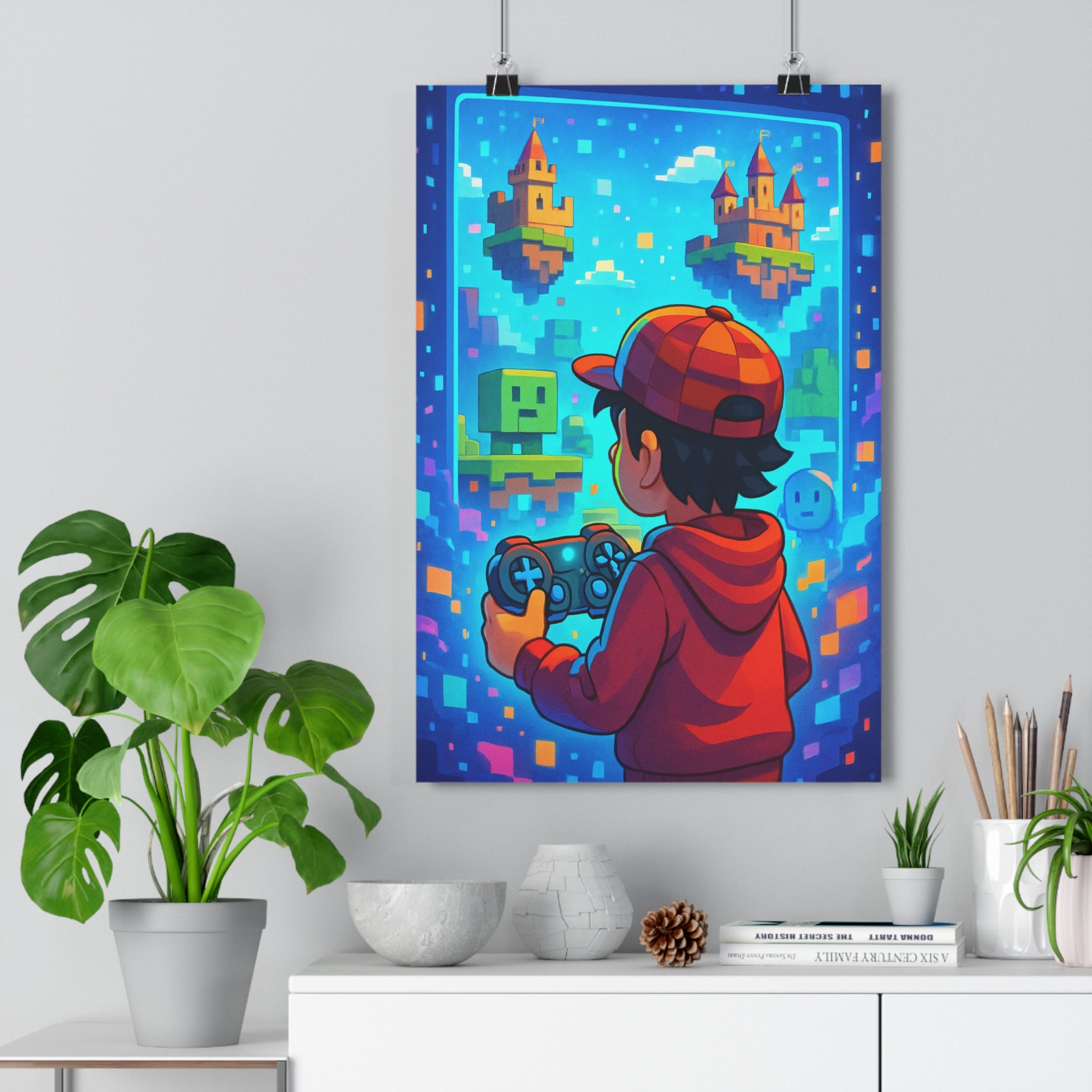 Poster décoratif pixel art bleu rouge cartoon aventure chambre enfant joyeux manette joueur dynamisme