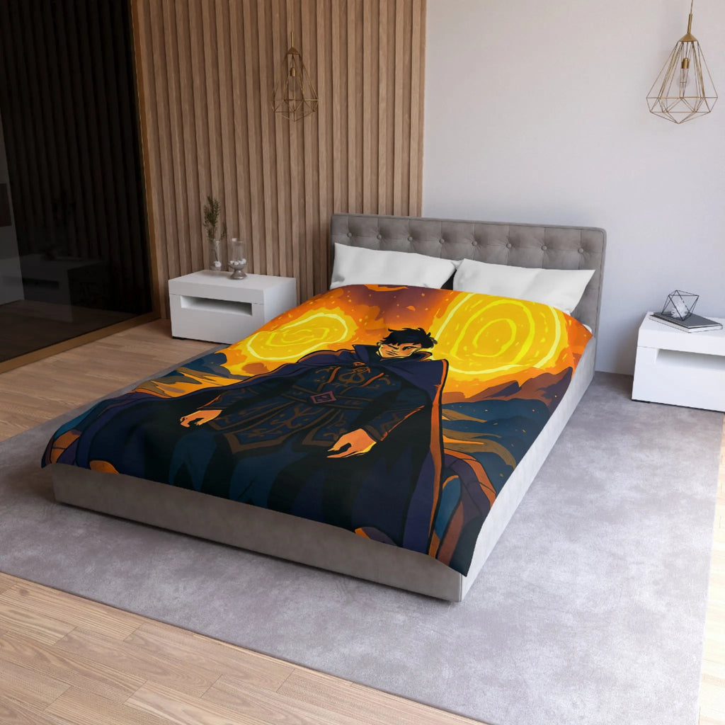 Housse de couette fantastique avec sorcier et portails lumineux dans paysage nocturne magique