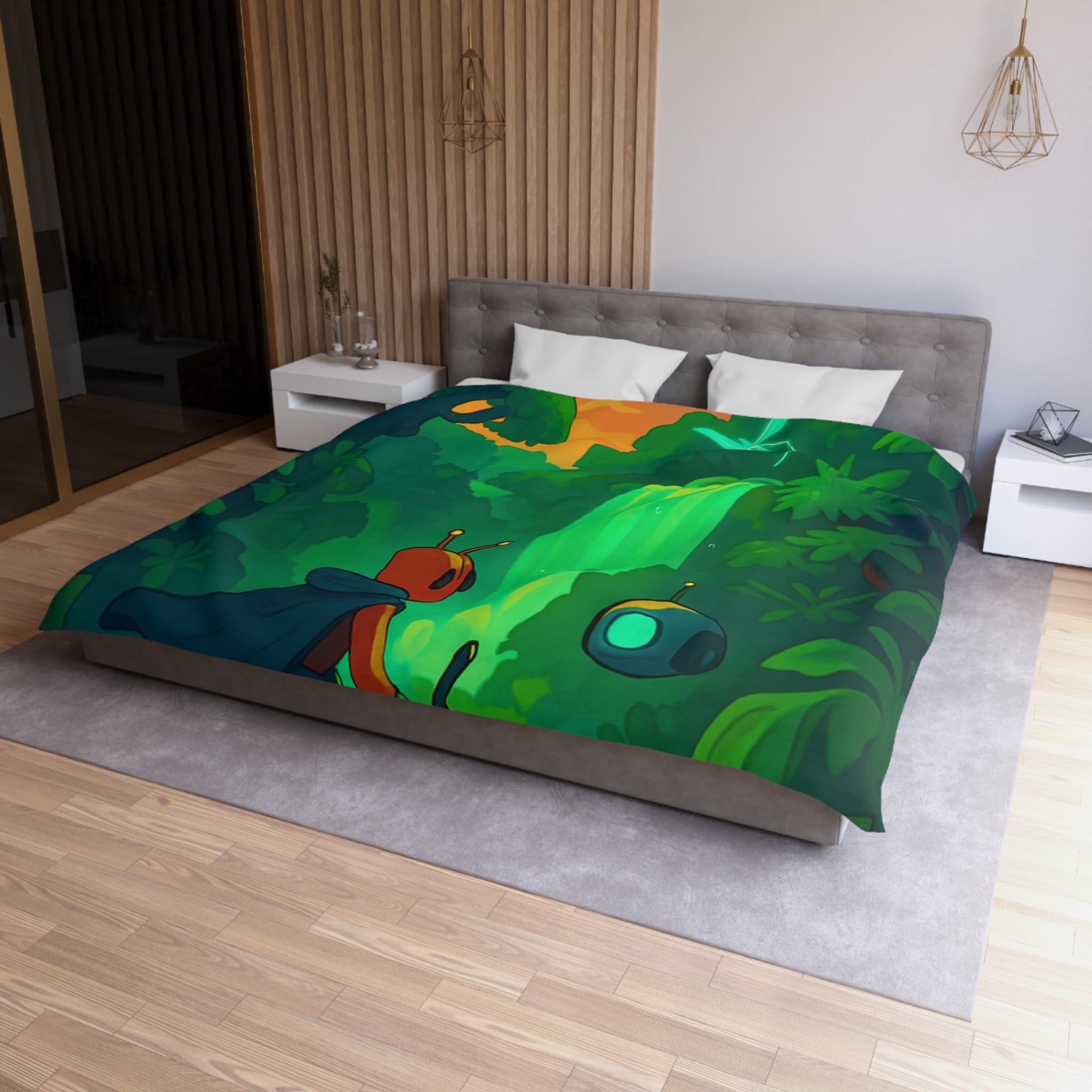 Housse de couette vibrante avec paysage extraterrestre mystérieux et personnage aventurier