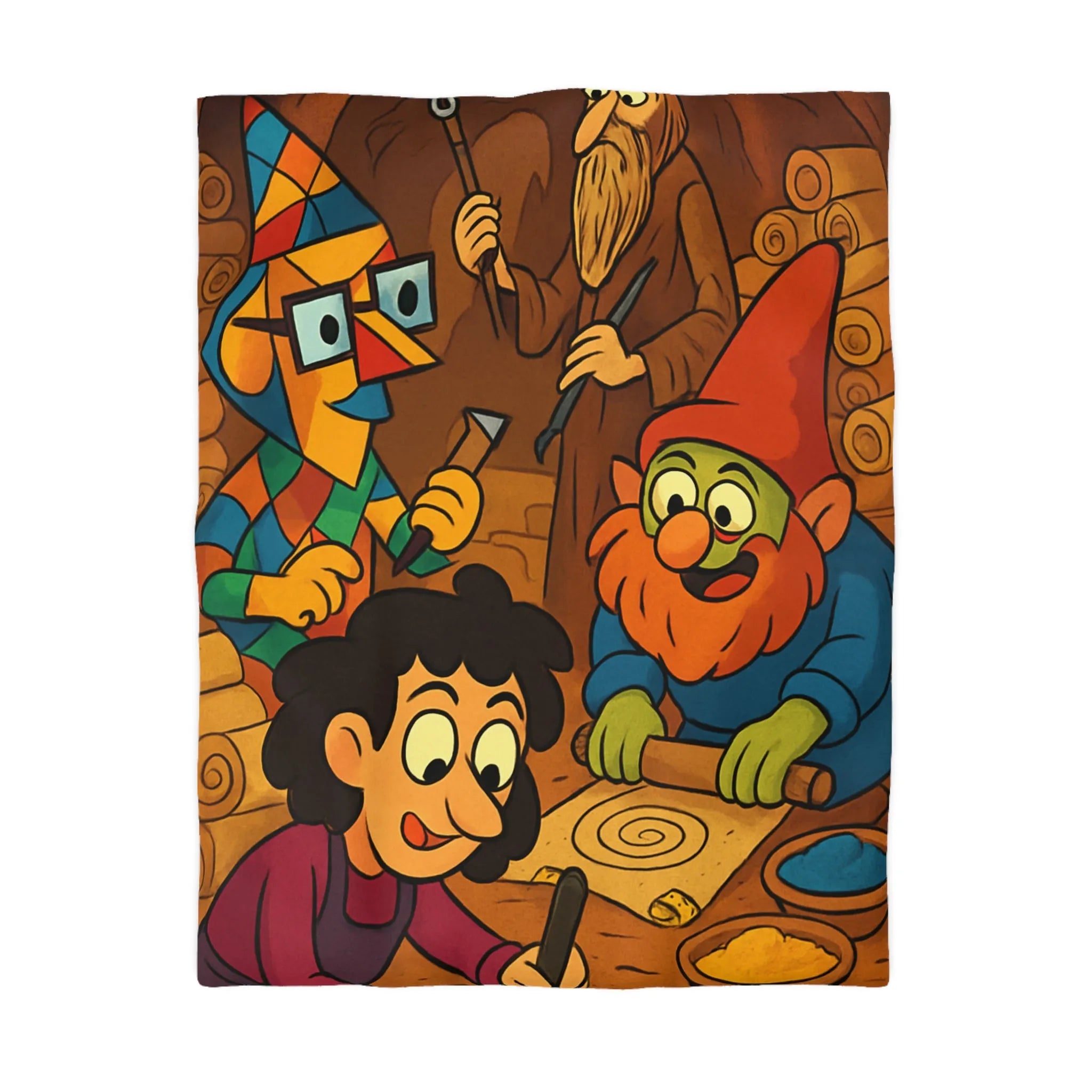 Housse de couette illustrée ambiance atelier fantasy avec gnomes et textures chaleureuses colorées