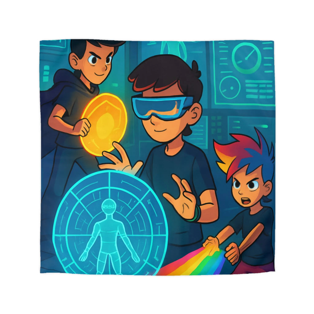 Housse de couette colorée avec enfants explorant un monde futuriste numérique et lumineux