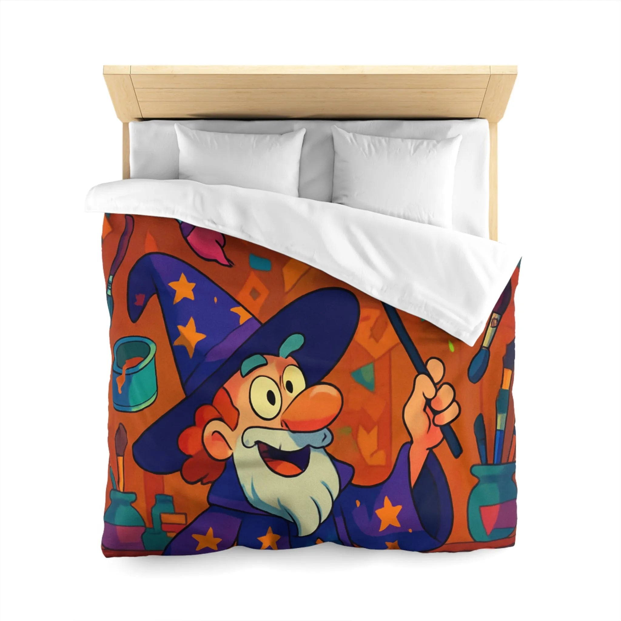 Housse de couette magique colorée avec sorcier et peinture arc-en-ciel vibrante