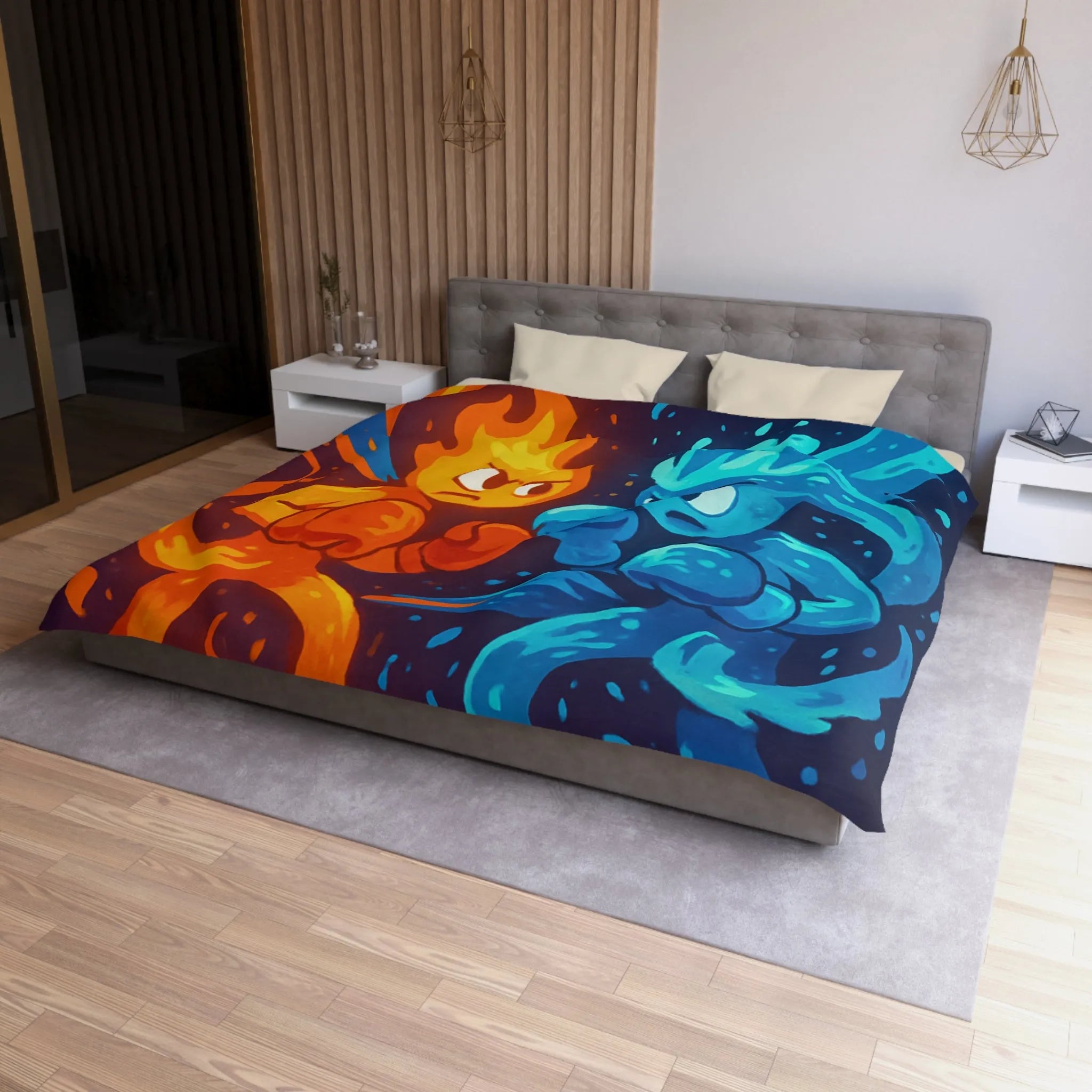 Housse de couette avec illustration dynamique de feu et eau s'affrontant