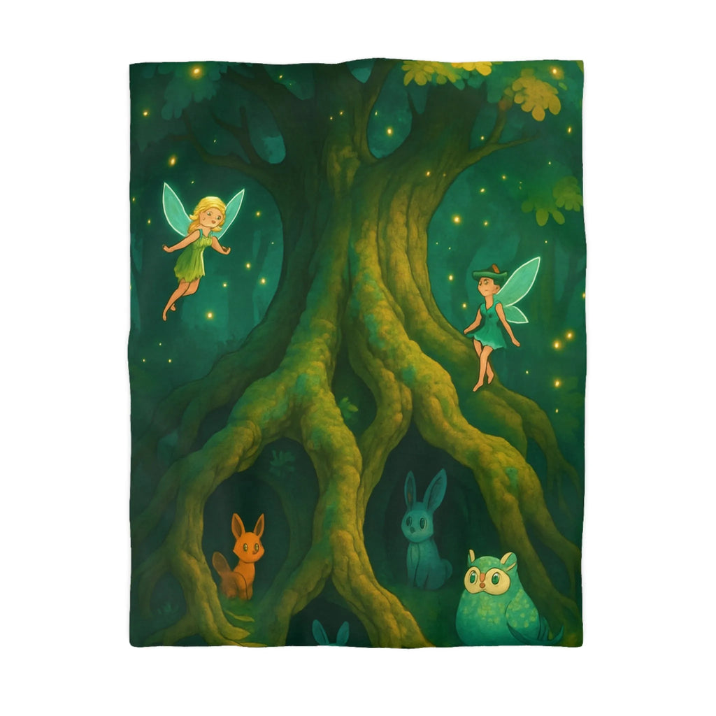 Housse de couette féerique avec animaux et fées sous un arbre illuminé