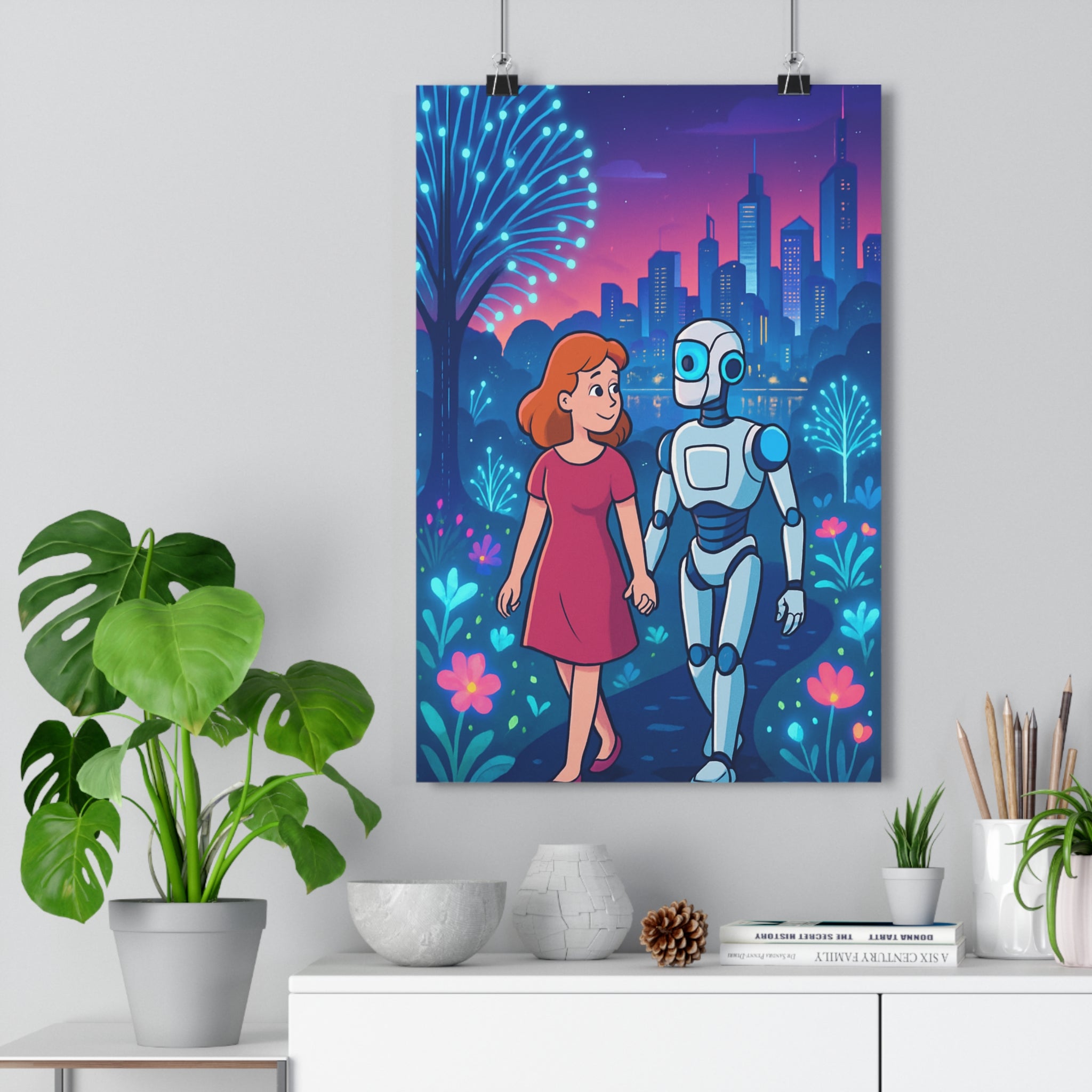 Poster décoratif futuriste art cartoon bleu lumineux salon chambre rêve ville robot femme qualité