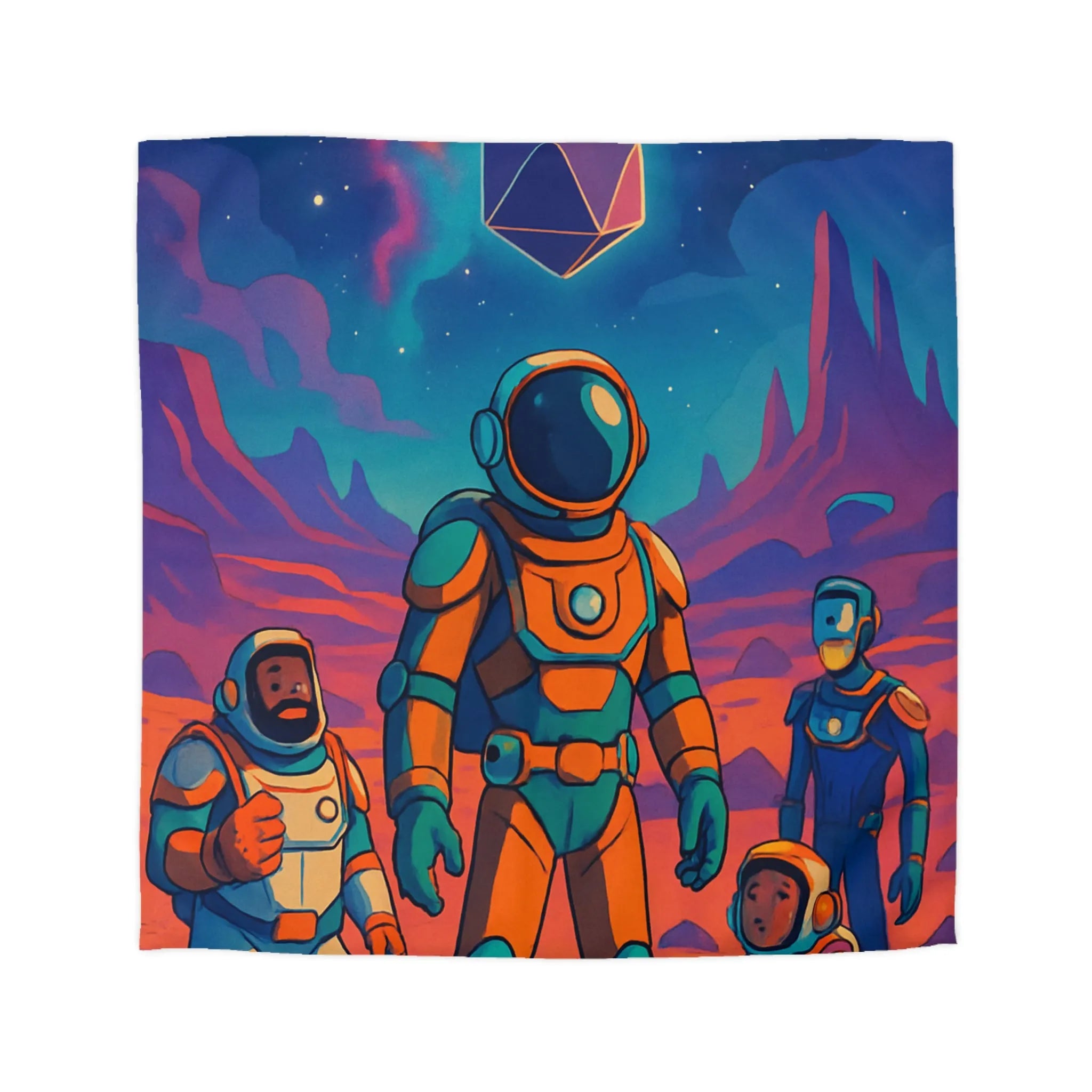 Housse de couette avec des astronautes et formes géométriques sous ciel étoilé coloré