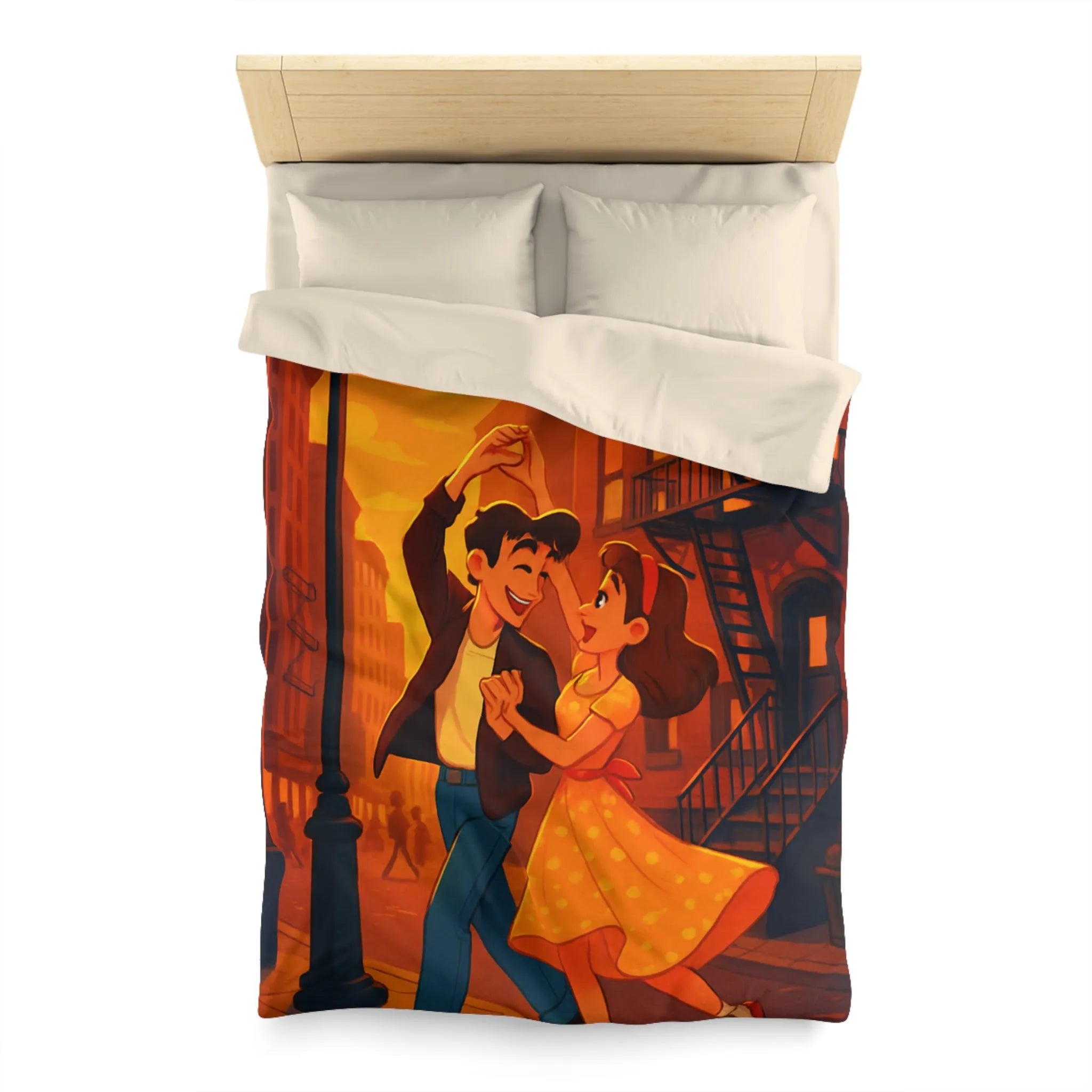 Danse romantique rétro sous réverbère vintage, ambiance urbaine crépusculaire charmante et nostalgique