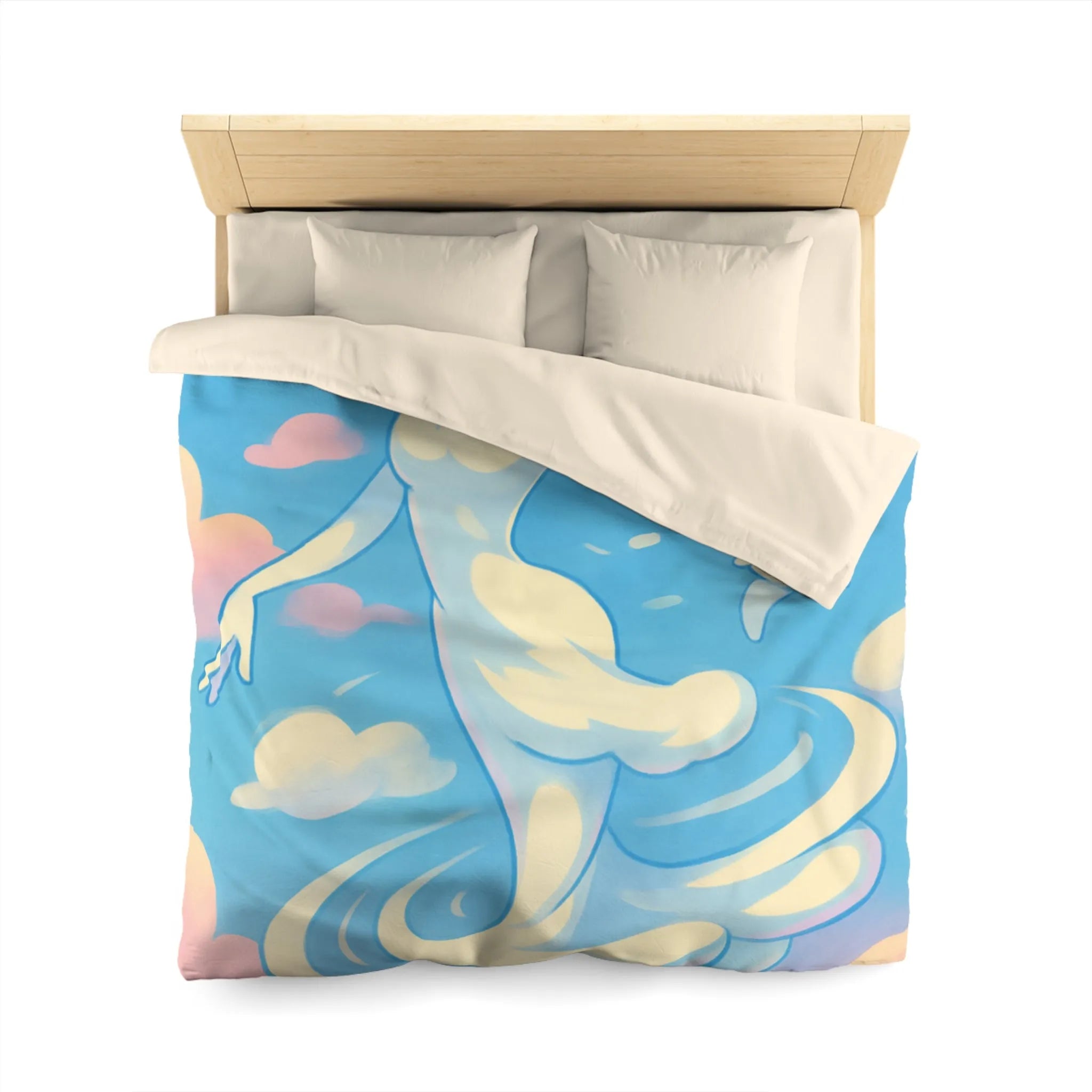 Ciel Enchanté: Housse de Couette Artistique avec Nuages et Oiseaux en Harmonie Paisible