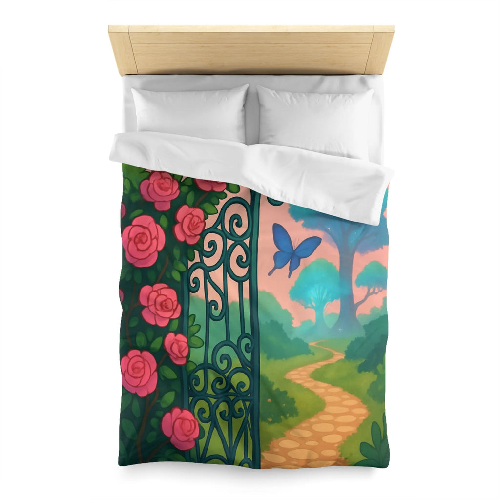 Belle housse de couette féerique avec portail fleuri et papillons colorés, jardins enchanteurs