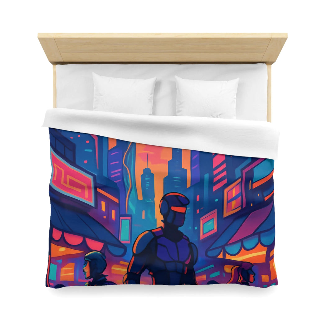 Housse de couette futuriste avec skyline néon et silhouettes urbaines nocturnes modernes