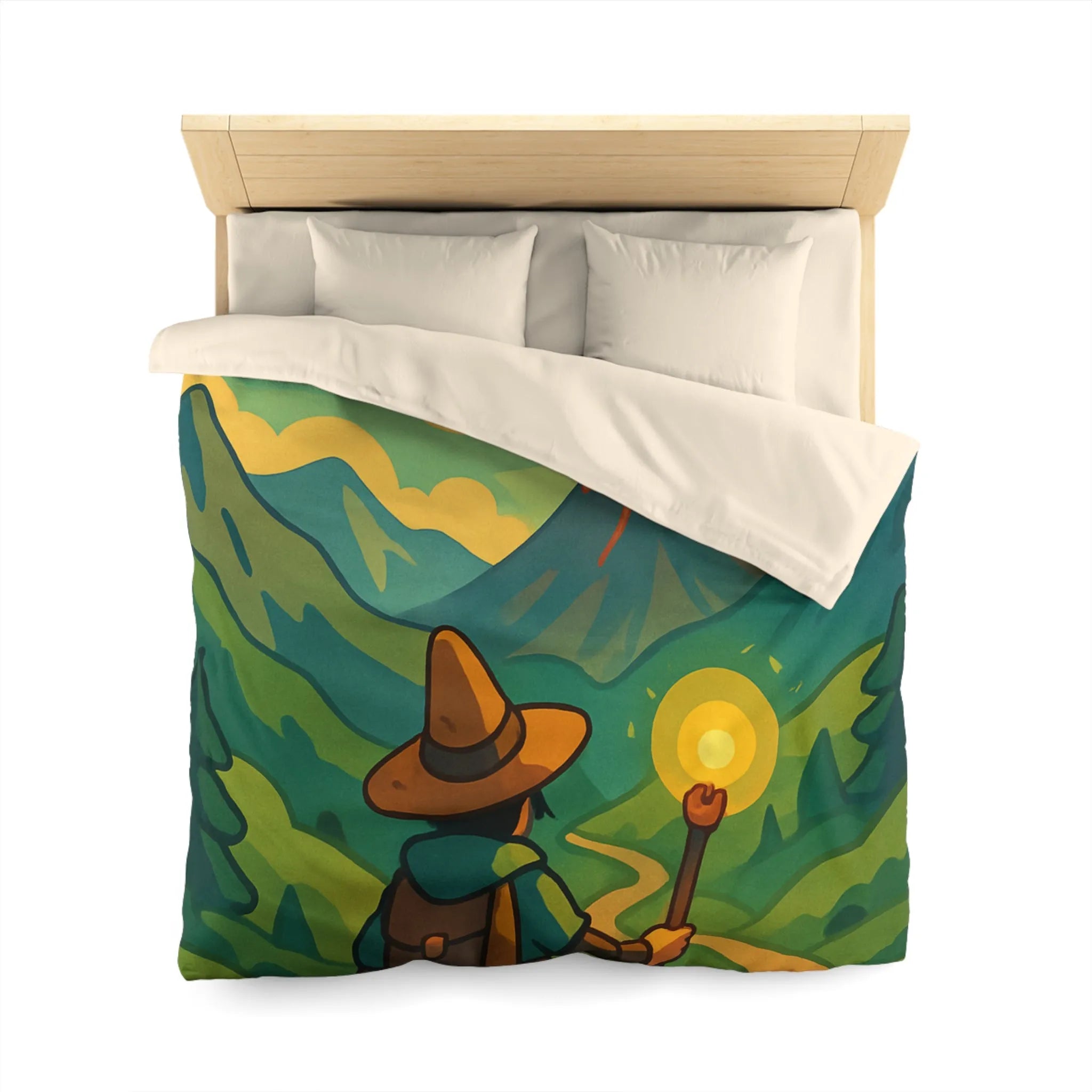 Housse de couette magique aventure volcan, randonnée féerique enchantée animaux rougeoyant lumineux