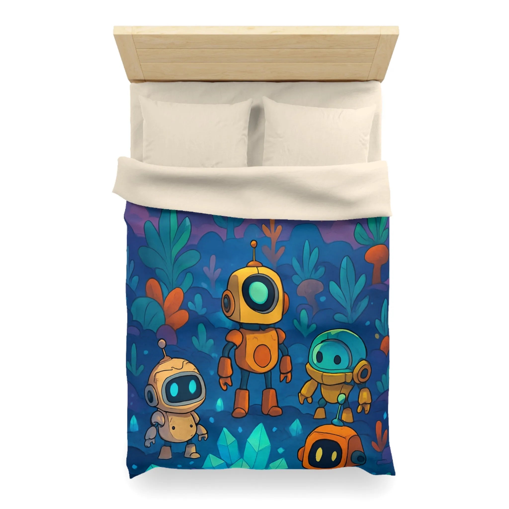 Housse de Couette Enfantine Robots Multicolores Émerveillés au Clair de Lune Étoilé