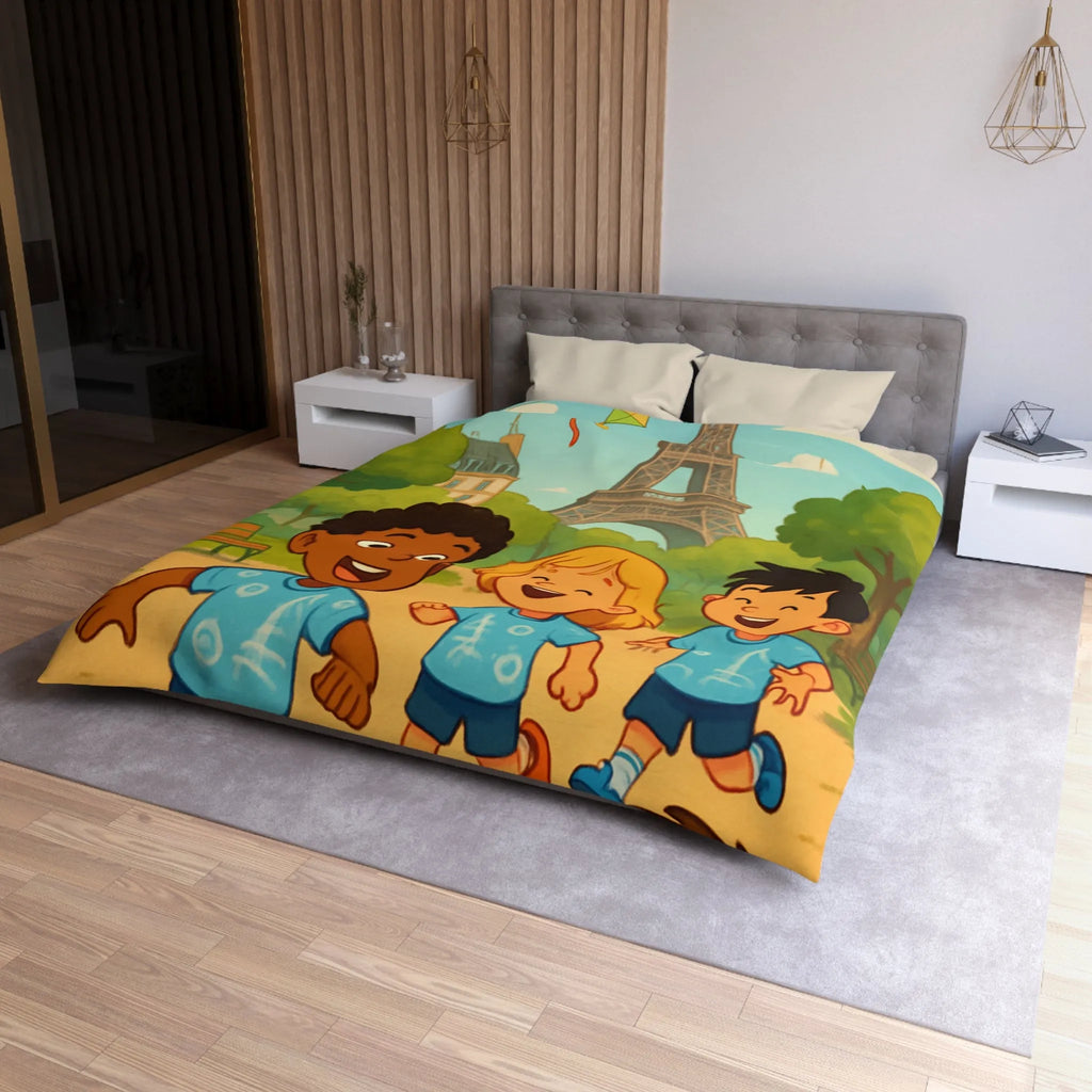 Housse de couette enfant avec tour iconique et cerfs-volants colorés en arrière-plan