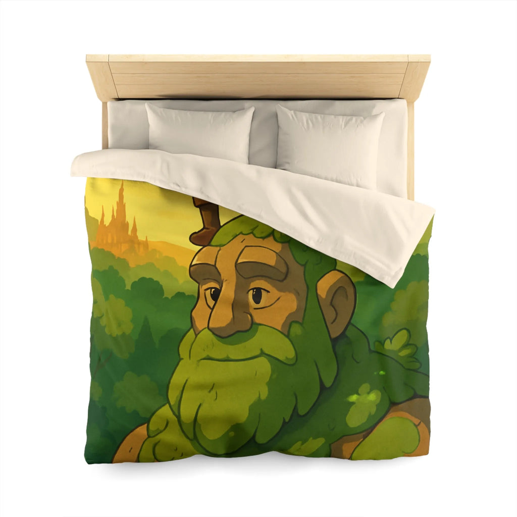 Housse de couette avec aventurier et géant de pierre, tons verts et jaunes
