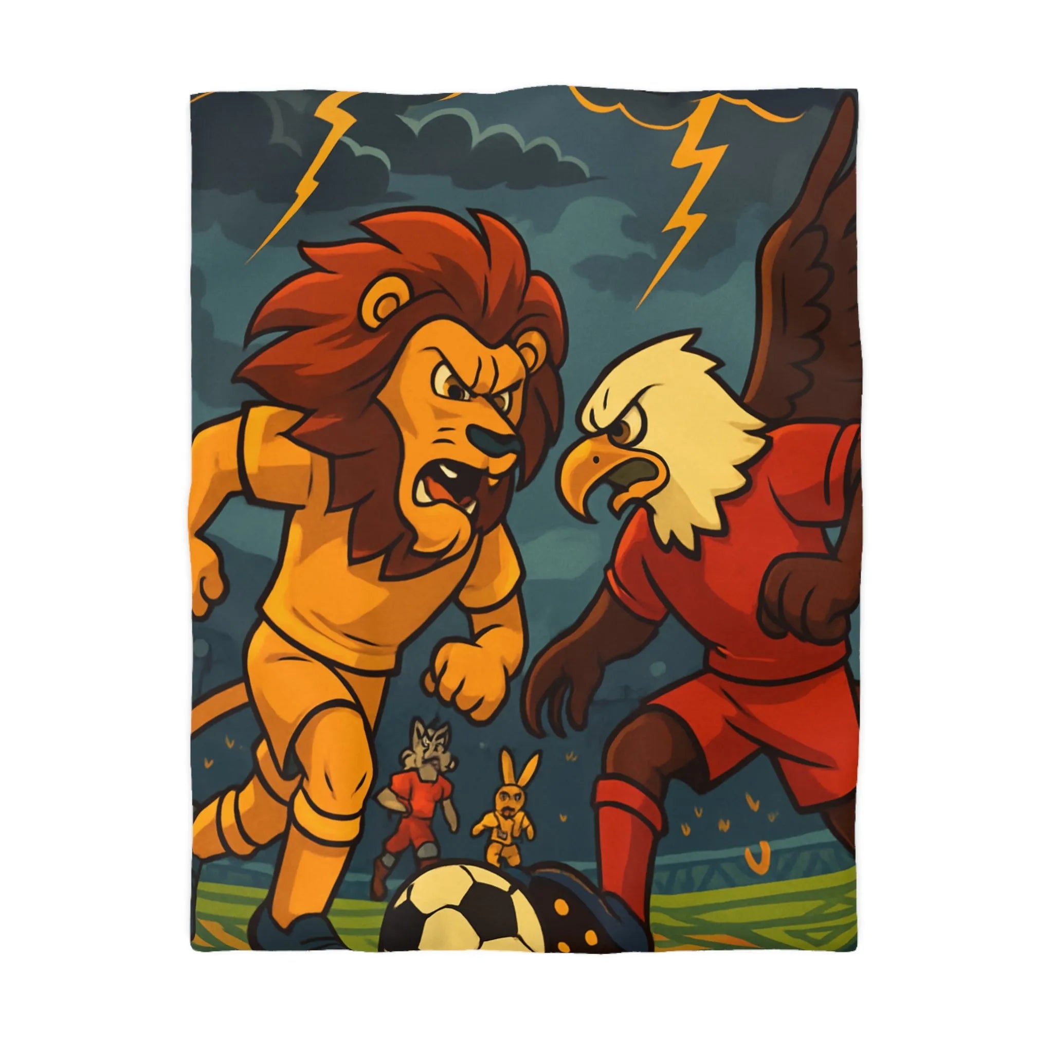 Housse de Couette Animalière avec Lion et Aigle Jouant au Football Sous Orage
