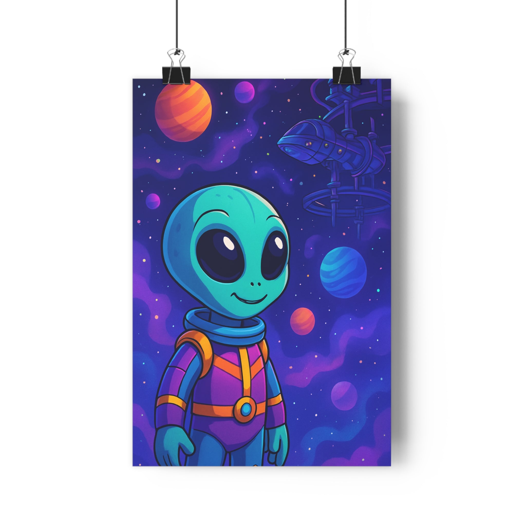 Poster décoratif futuriste intergalactique extraterrestre cartoon violet bleu joyeux enfant chambre coloré vibrant spaciale
