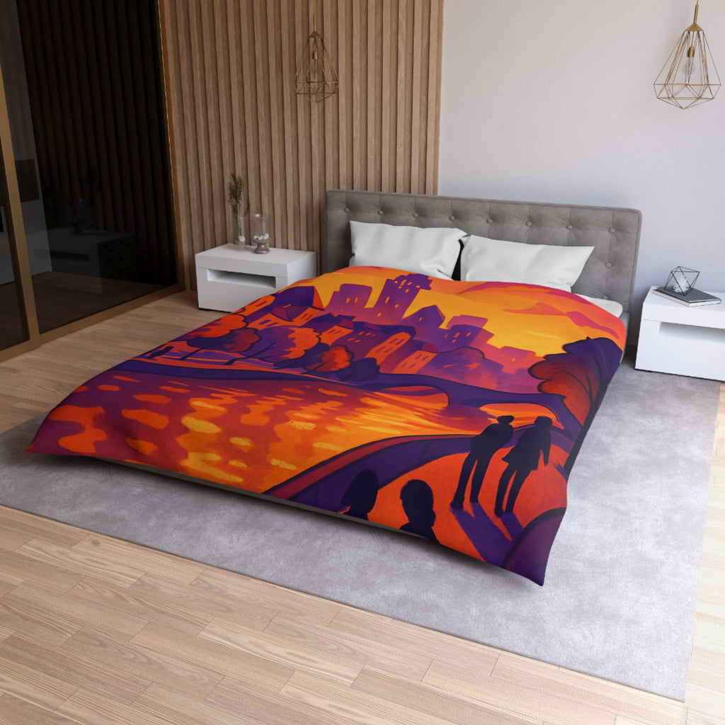 Vibrant paysage urbain crépusculaire avec silhouettes et rivière pour housse de couette