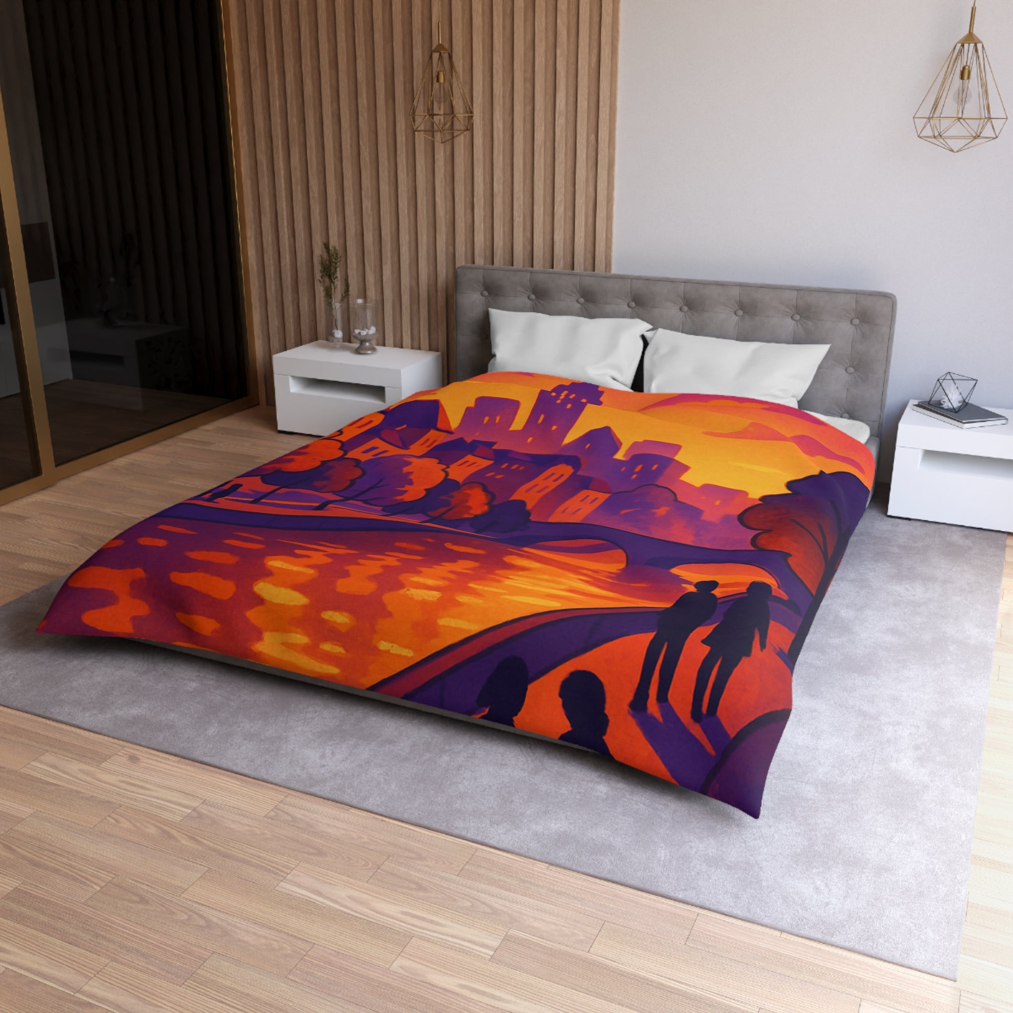 Vibrant paysage urbain crépusculaire avec silhouettes et rivière pour housse de couette