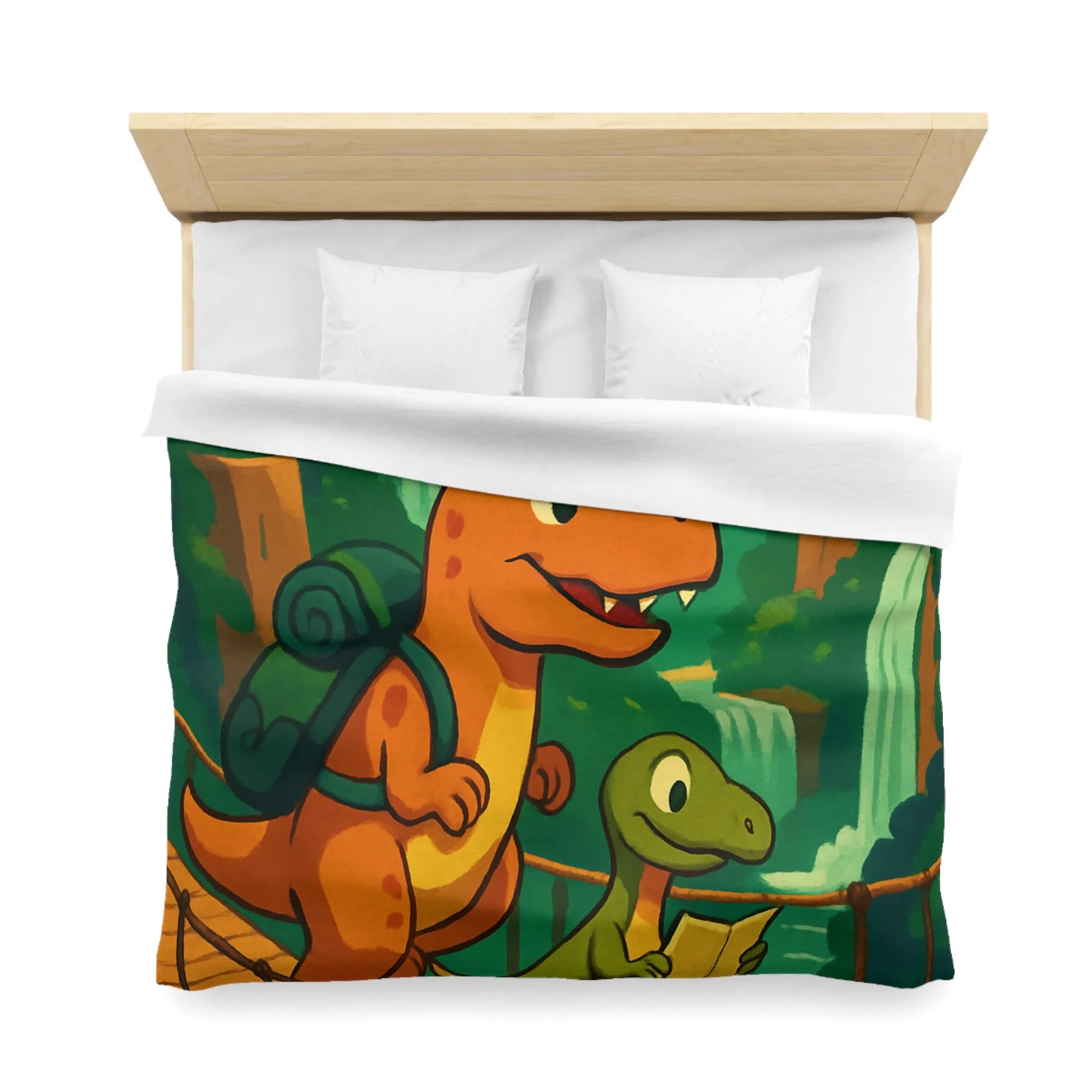 Housse de couette avec dinosaures explorateurs sur pont suspendu dans jungle luxuriante