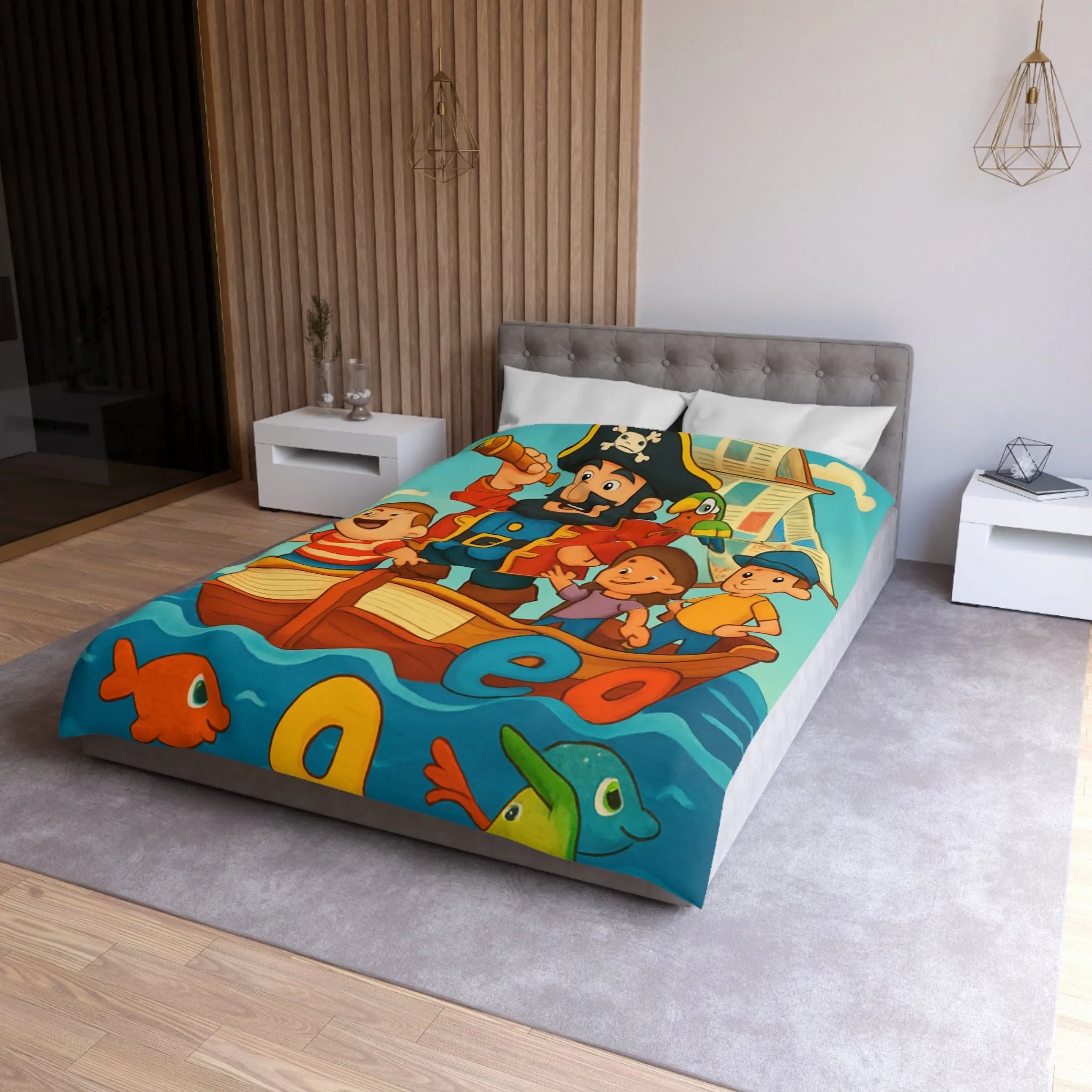 Housse de couette enfant pirate avec voyelles, perroquet et mer colorée