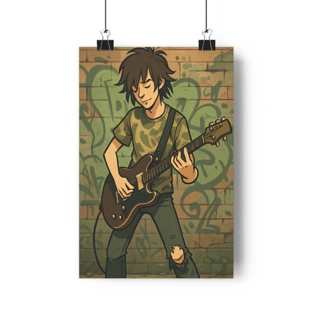 Poster décoratif grunge guitare électrique graffiti vert urbain rebelle chambre musique 30x46 mur brique