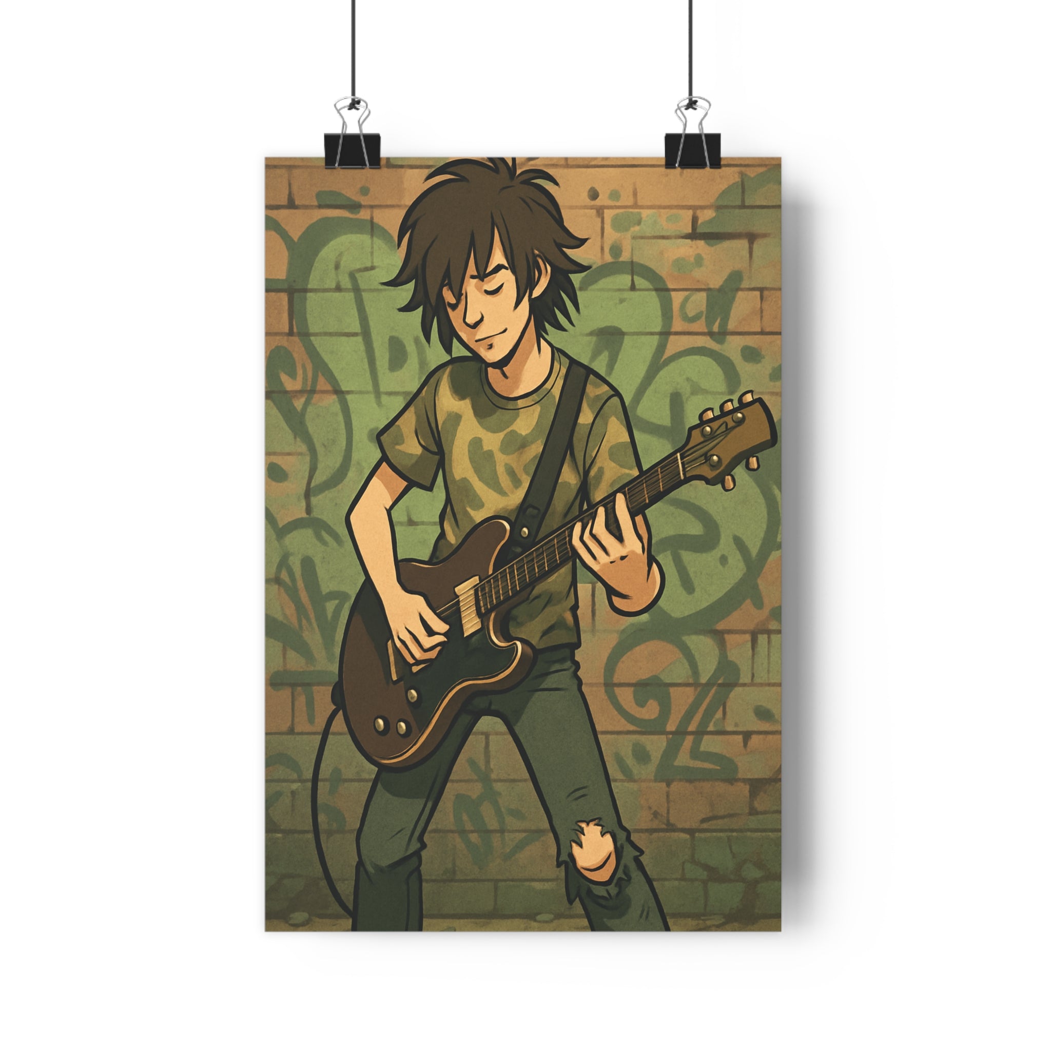 Poster décoratif grunge guitare électrique graffiti vert urbain rebelle chambre musique 30x46 mur brique