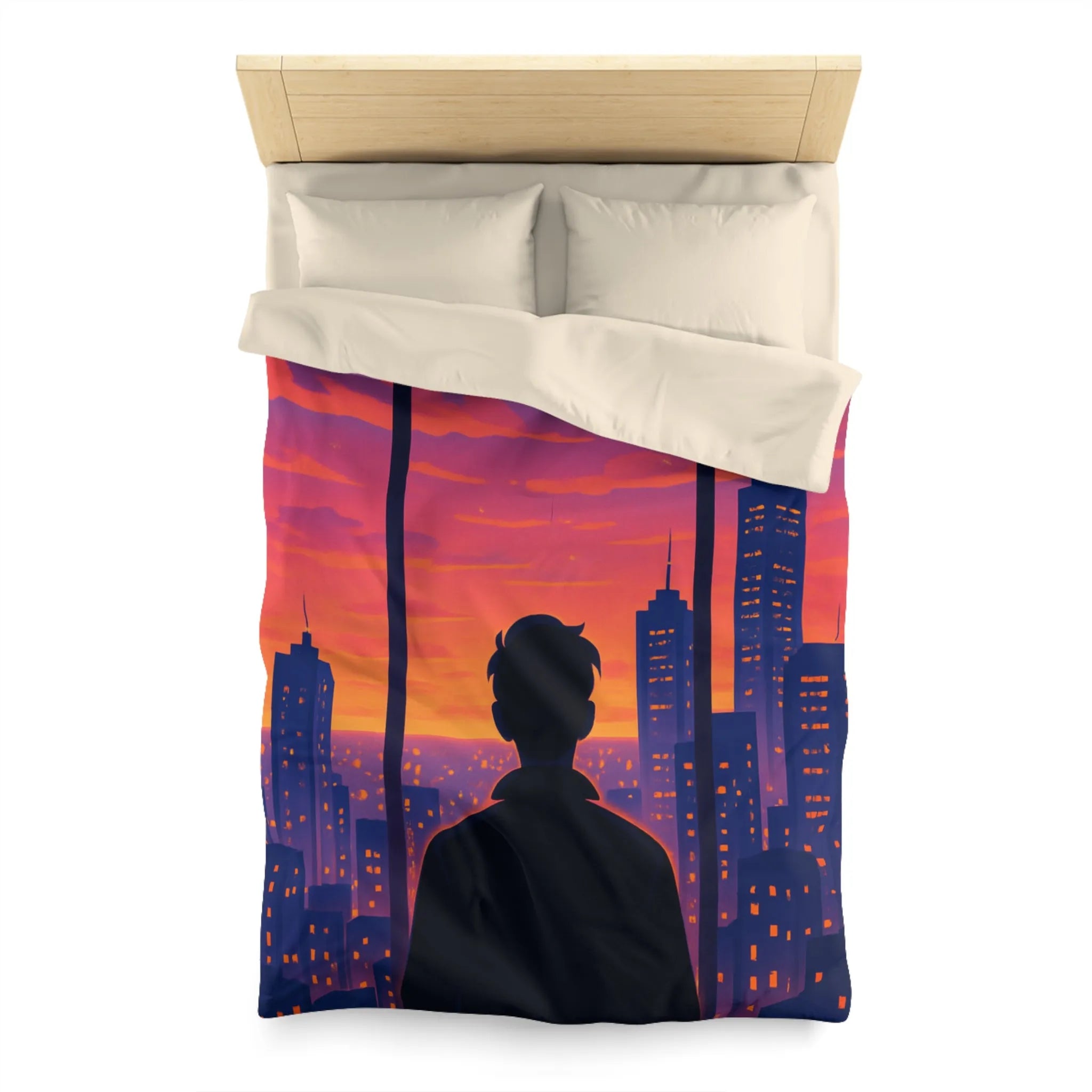 Housse de Couette Colorée avec Silhouette de Personne Devant Ville au Crépuscule