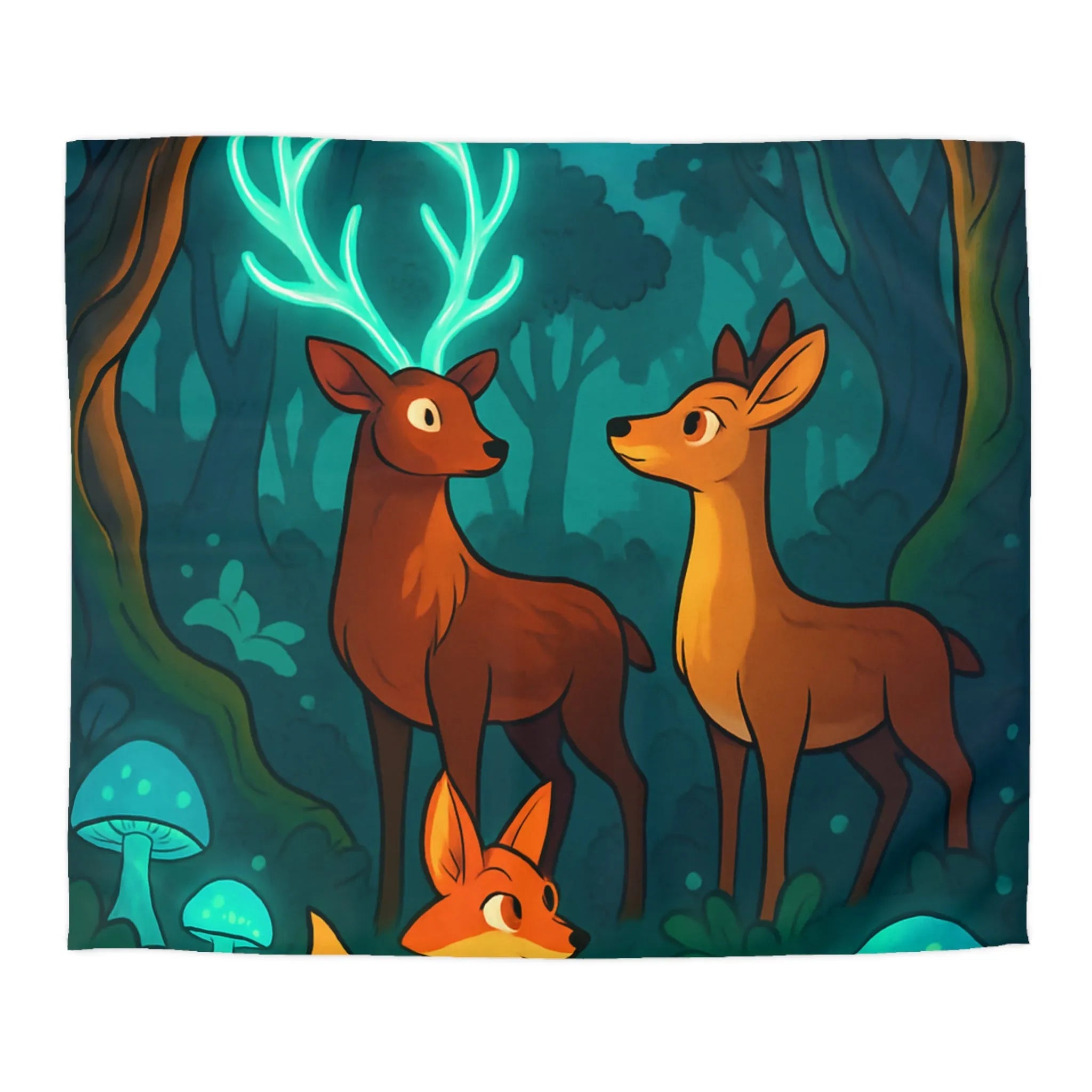 Housse de couette avec animaux de forêt et champignons sous lumière lunaire magique