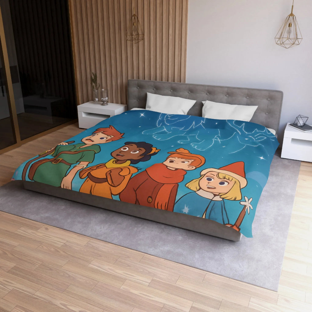 Housse de couette colorée avec enfants aventuriers et constellations nuit étoilée