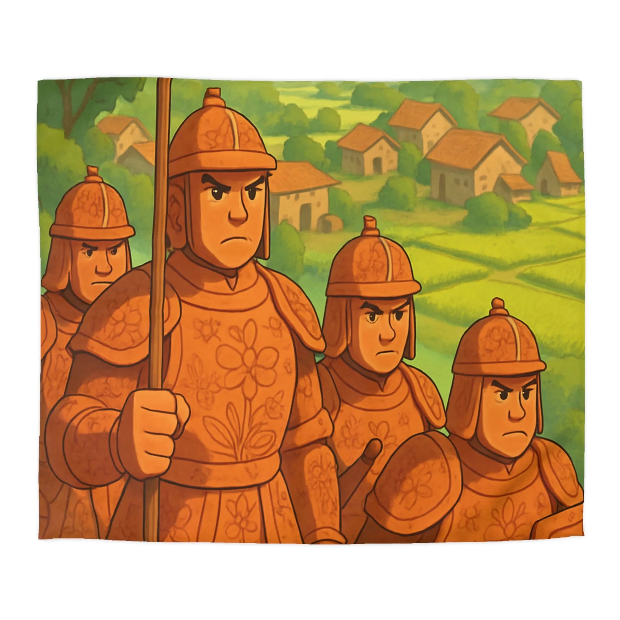 Housse de couette illustrée guerriers médiévaux champêtres dégradé vert orange doux et enfantin