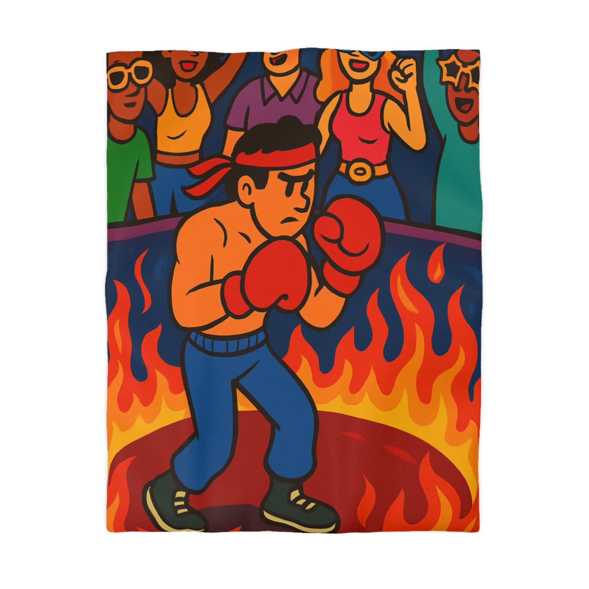 Housse de couette originale avec boxeur entouré de flammes et foule colorée