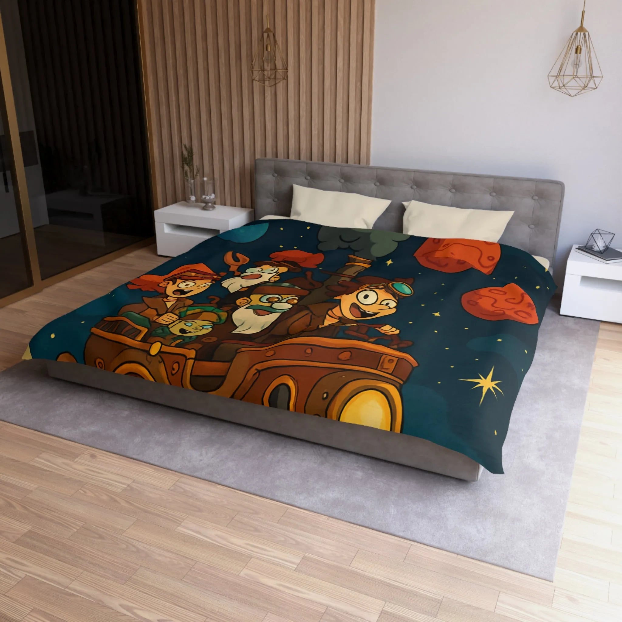 Housse de couette magique pour enfant avec voyage spatial et planètes souriantes colorées