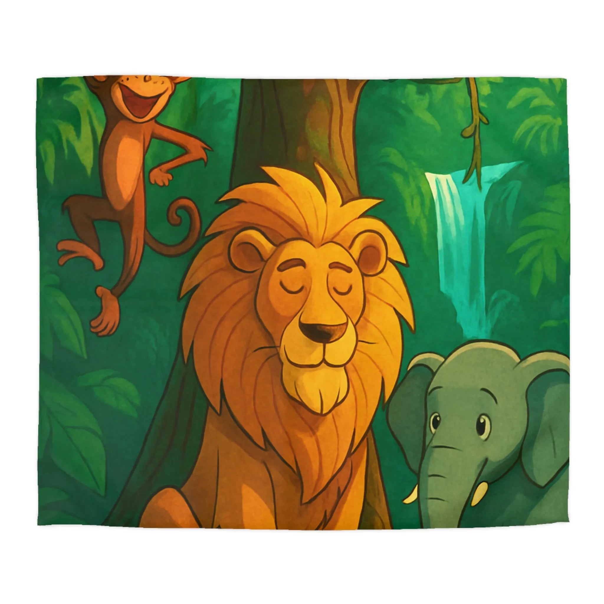 Housse de Couette Jungle Enchantée avec Lion, Singe, Éléphant et Chute d’Eau Magique