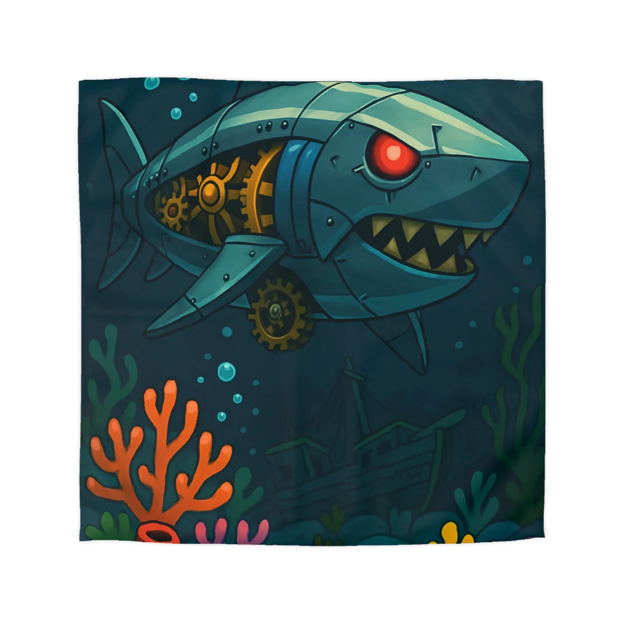 Housse de Couette Design Unique avec Requin Robot Sous-Marin et Coraux Colorés