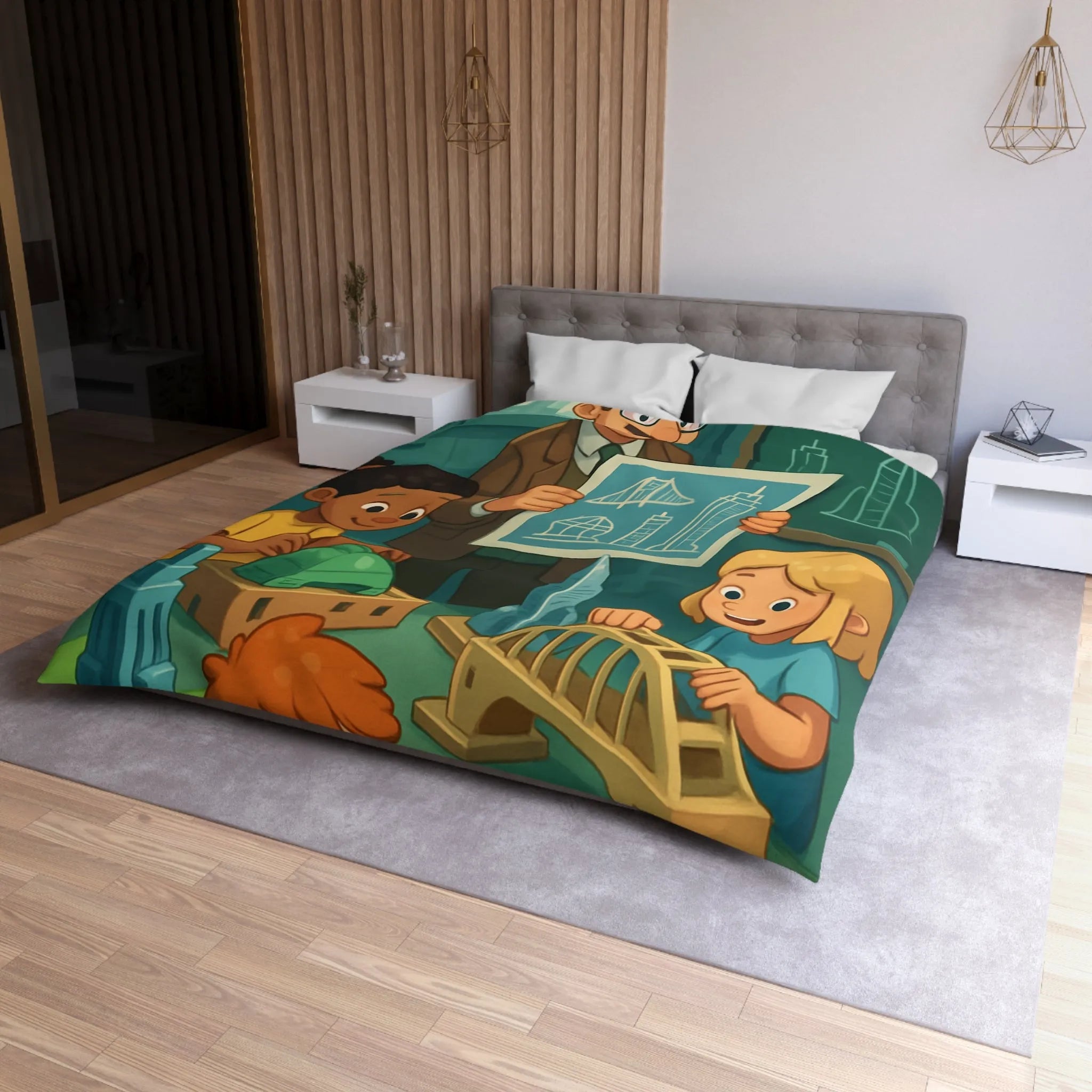 Housse de Couette Enfants Illustrant Un Atelier de Construction Ludique et Éducatif