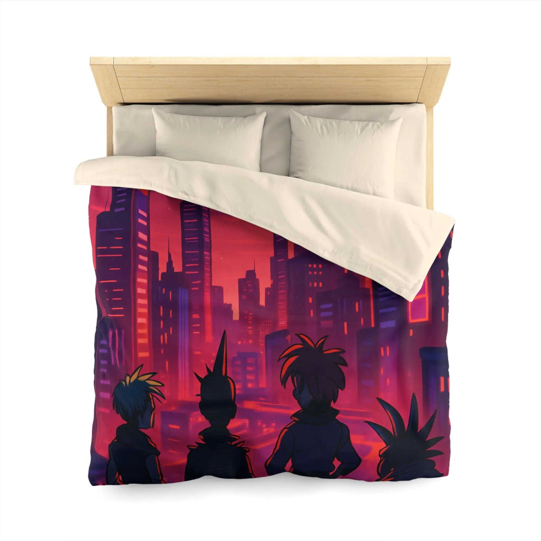Housse de couette colorée urbaine style rétro avec personnages devant une ville cyberpunk