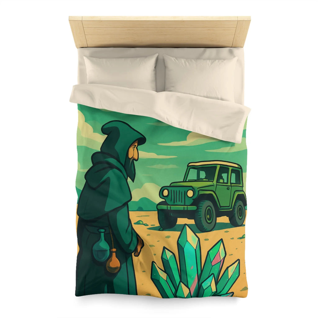 Housse de couette illustrée avec paysage surnaturel, grotte colorée et véhicule tout-terrain