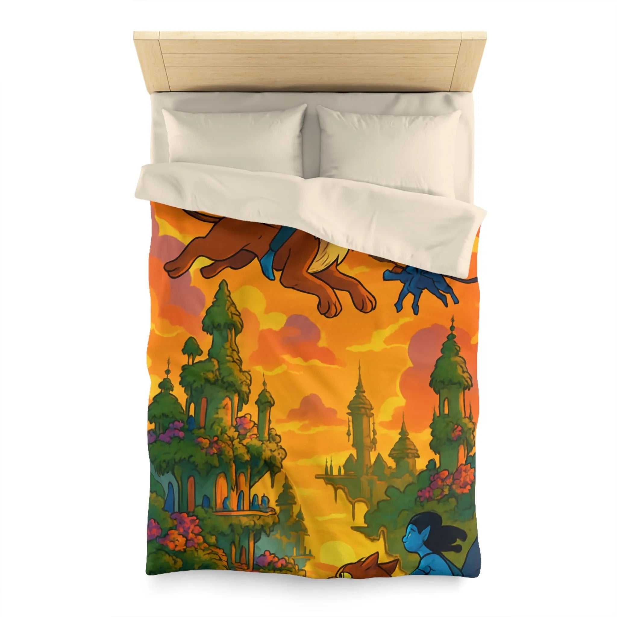 Housse de couette magique avec créatures volantes et paysage fantastique au coucher du soleil