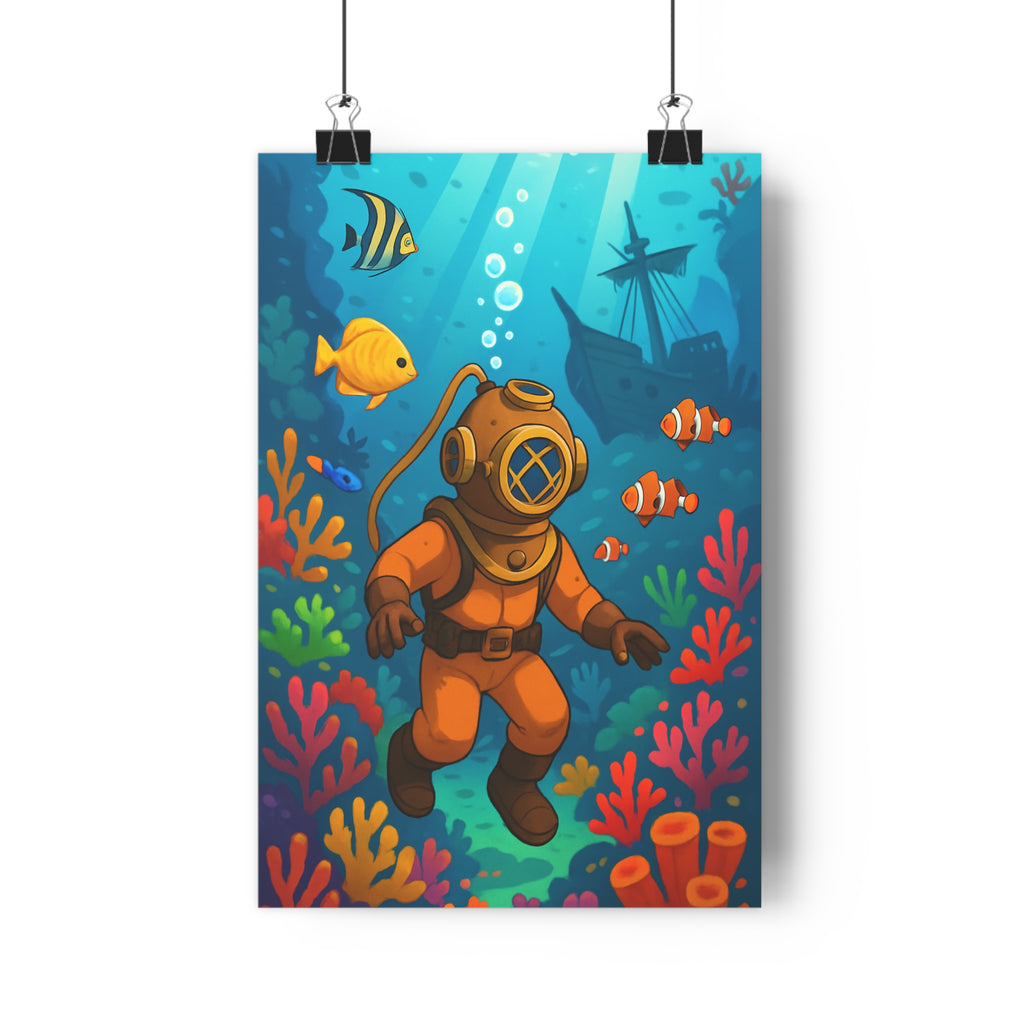 Poster décoratif cartoon bleu vert aventure explorateur chambre enfant scaphandre océan coraux vibrant 30x46