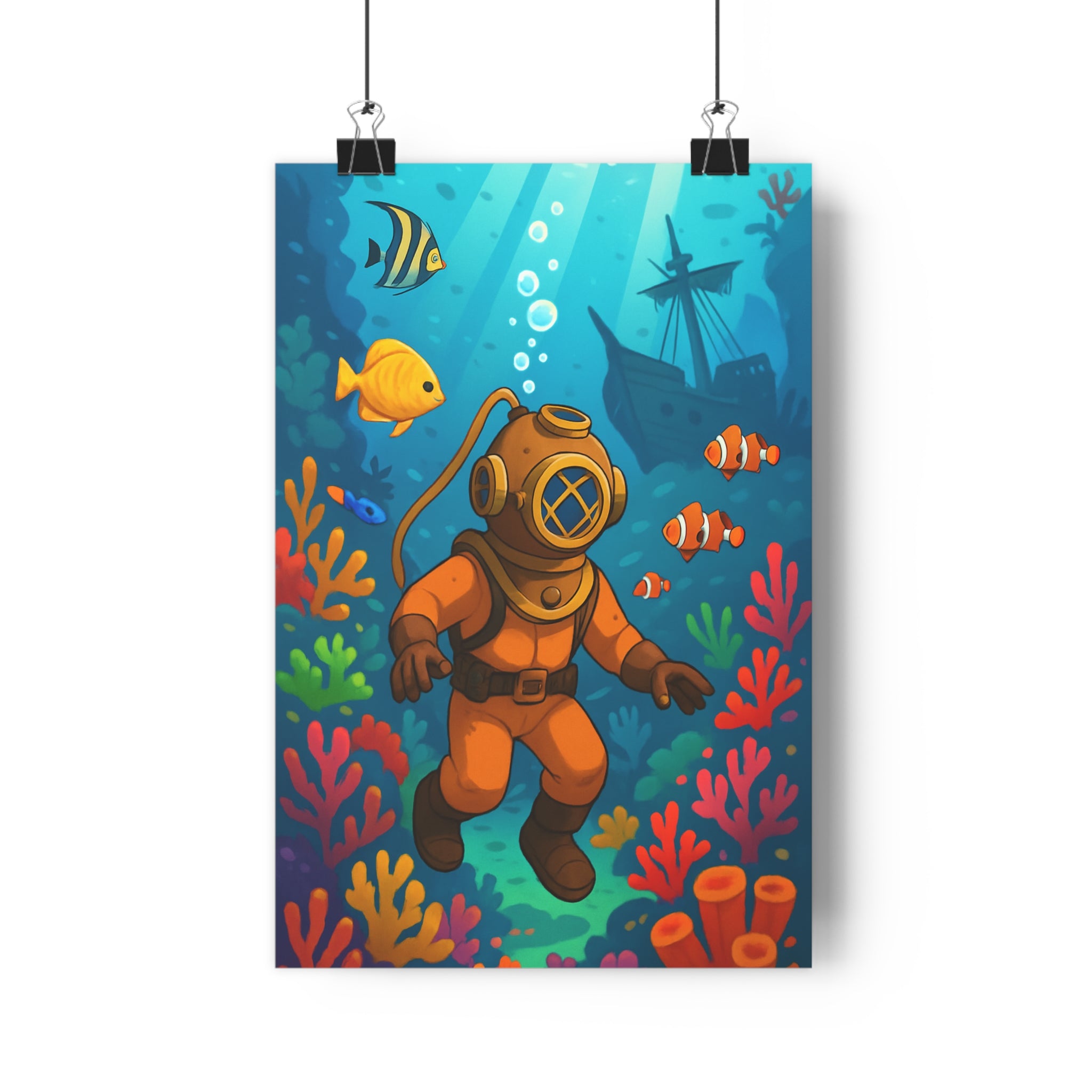 Poster décoratif cartoon bleu vert aventure explorateur chambre enfant scaphandre océan coraux vibrant 30x46