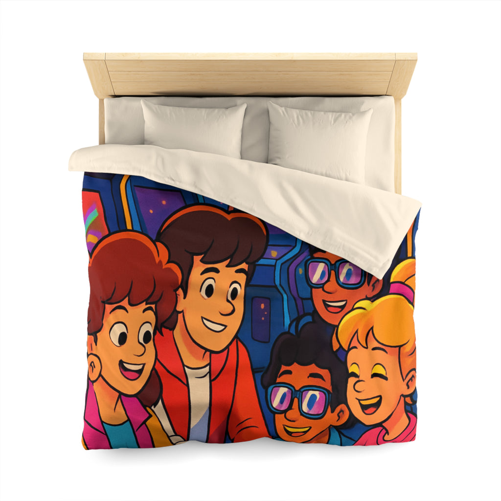 Housse de couette vibrante années 80 avec motifs arcades et ambiance rétro lumineuse