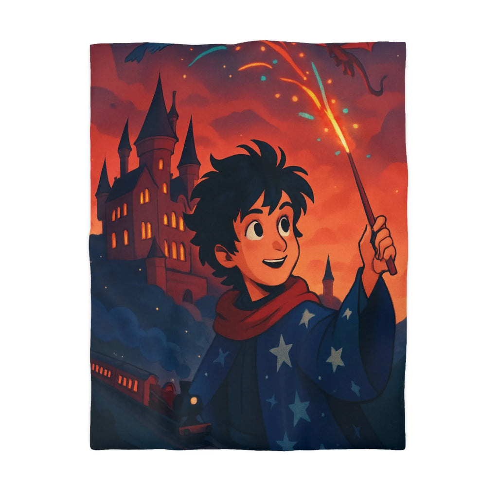 Housse de Couette Enfant Magie Château Nuit Feu d'Artifice Dragon et Hibou