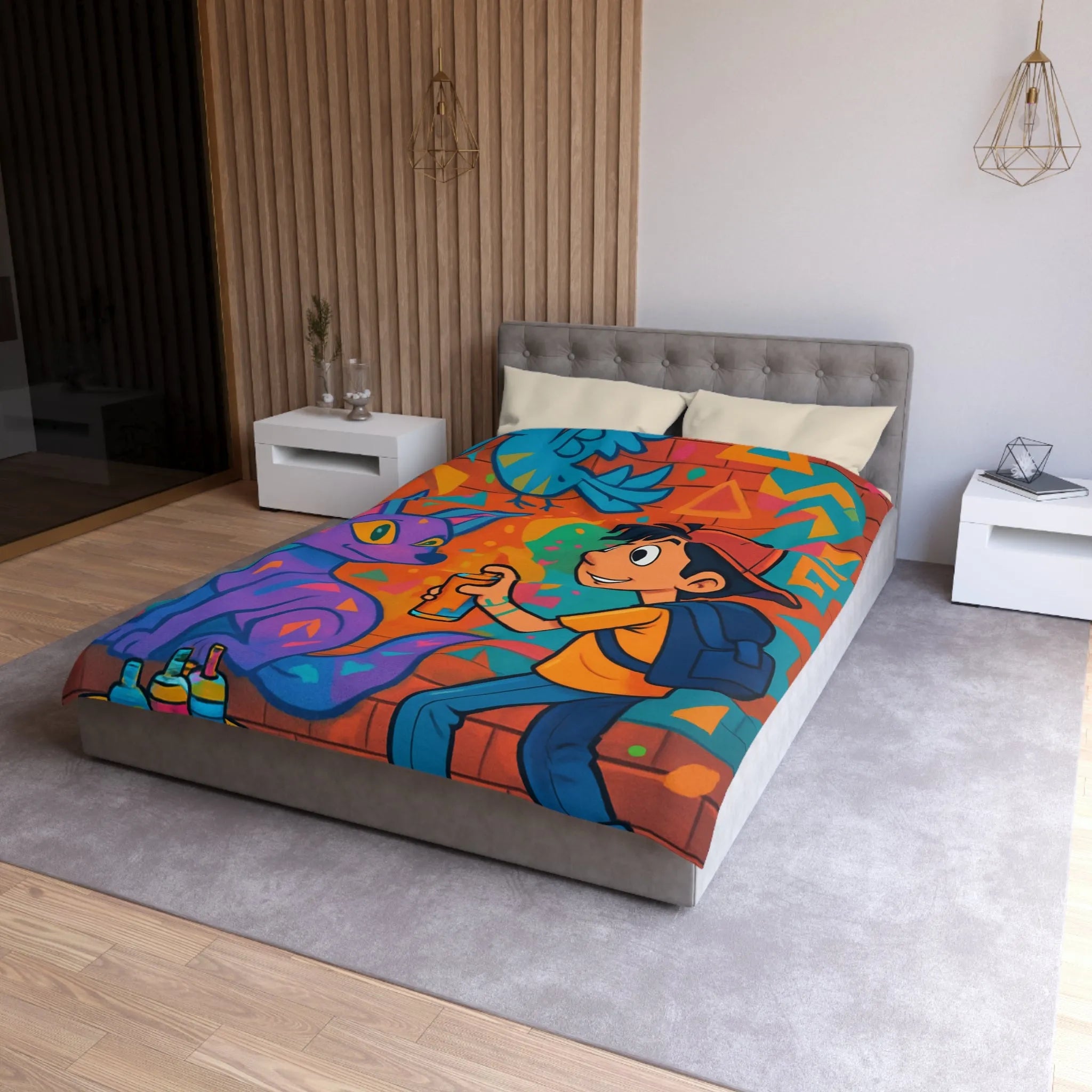 Housse de couette colorée pour enfant avec motifs graffiti et animaux urbains