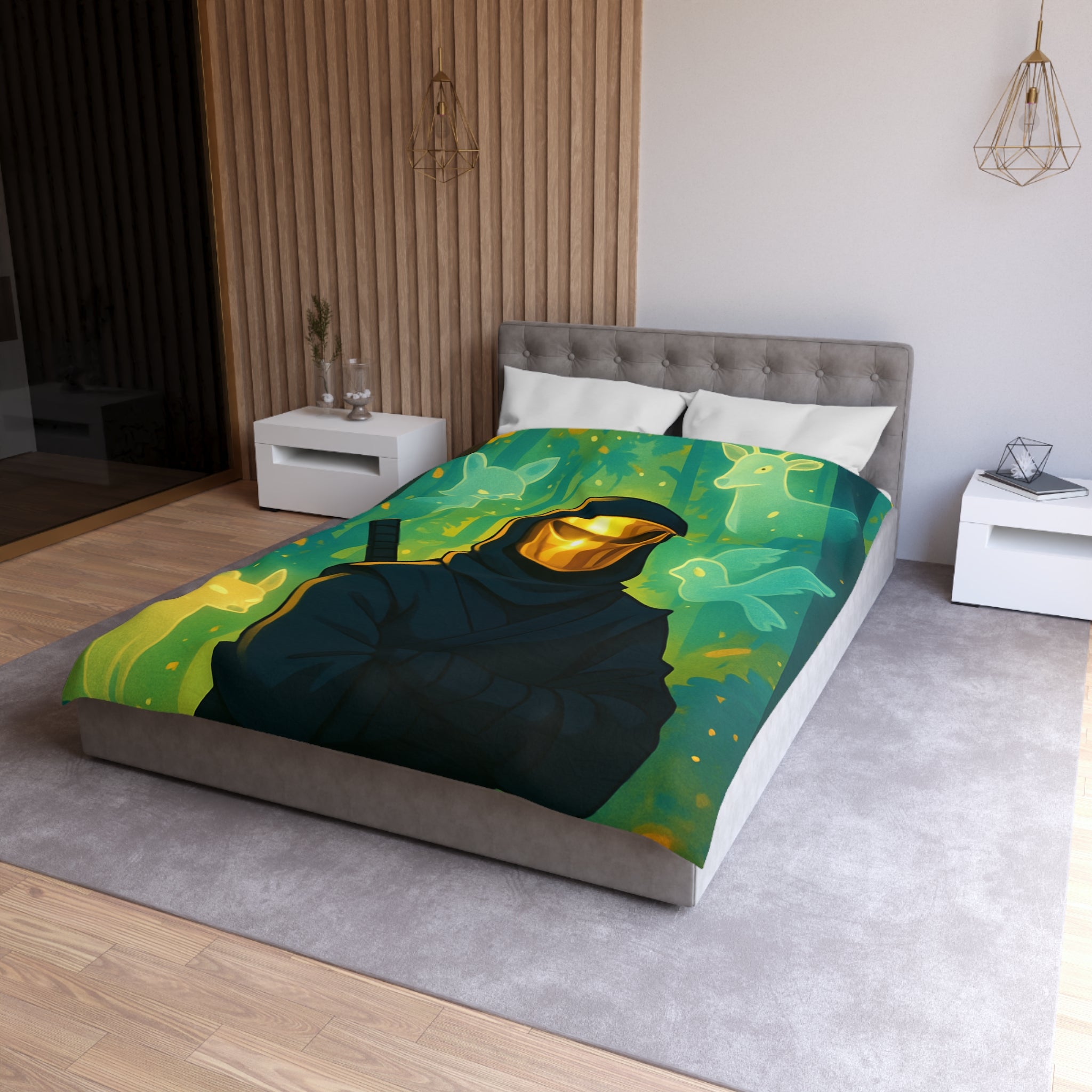Housse de couette ninja doré avec animaux mystiques et forêts enchantées lumineuses