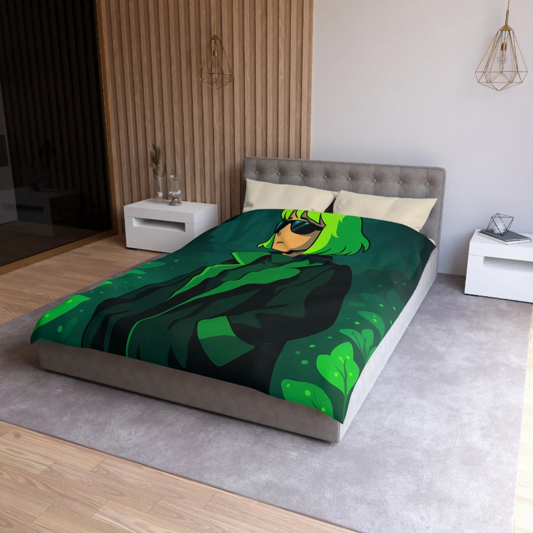 Housse de couette forêt graphique avec personnage mystérieux et nuances vertes élégantes